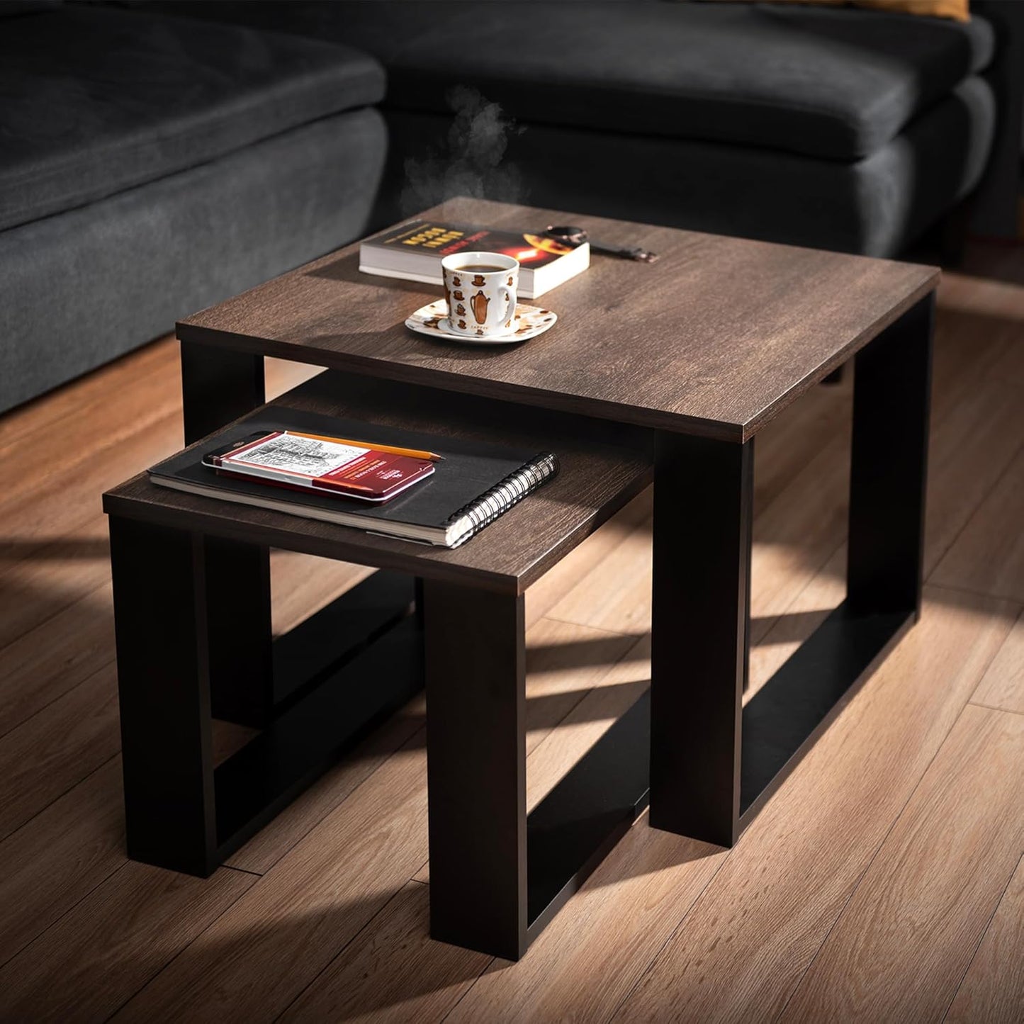 2er-Set Couchtisch, Braune Eiche