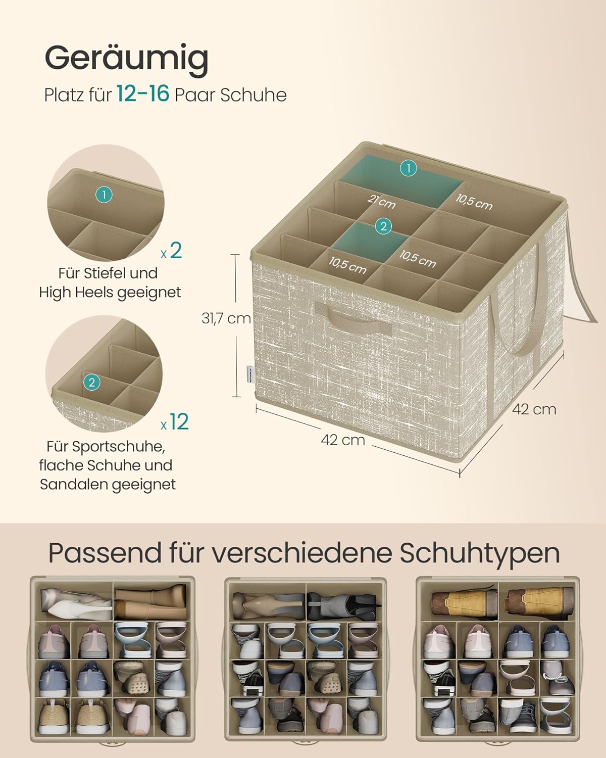Schuh-Organizer-Set für 32 Paar Schuhe (2 Stück), 2er Set Cappuccinobeige