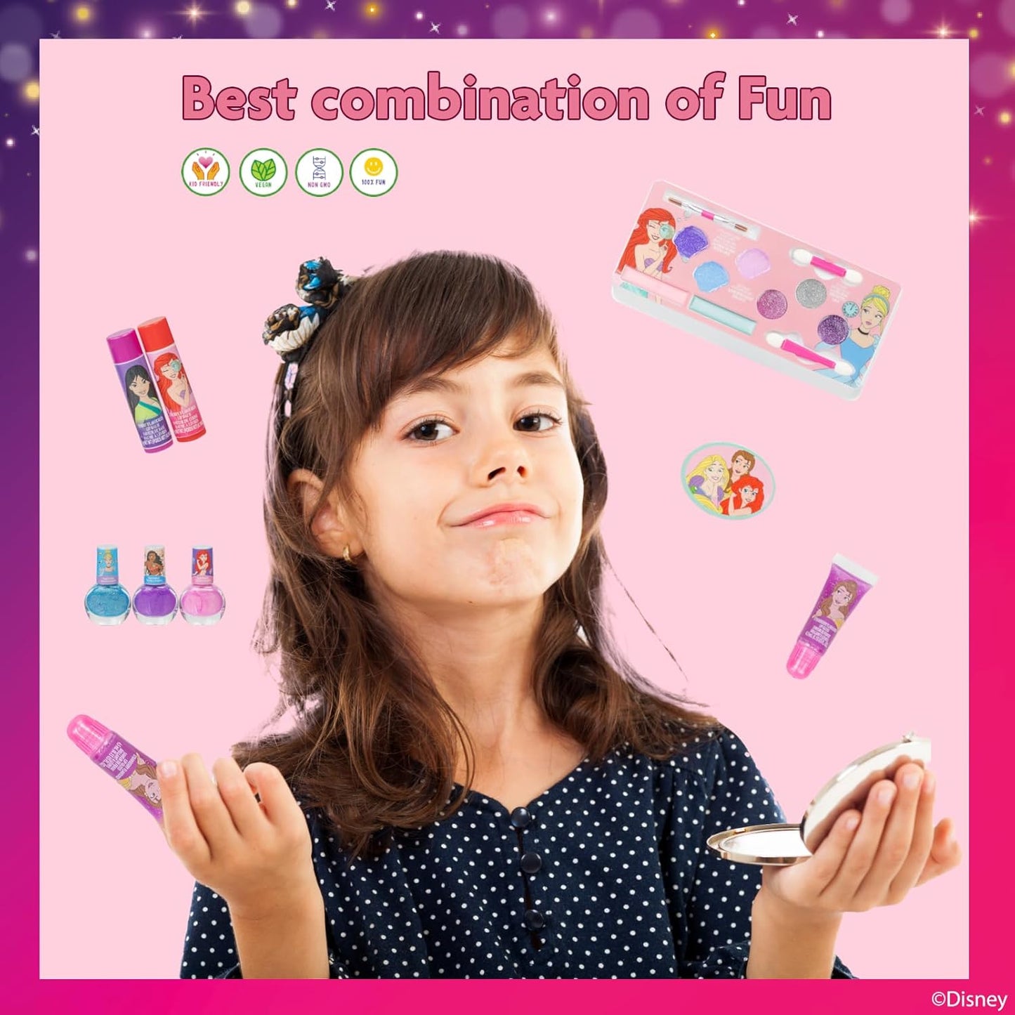Disney Princess Schminkset mit Schönheitskoffer für Kinder, Neon Blau Glitzer, Rosa Glitzer Violett