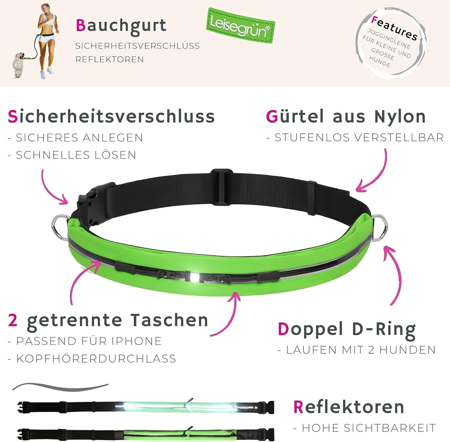 Joggingleine für grosse Hunde mit Bauchgurt und Ruckdämpfer, Set Joggingleine - Grosse Hunde, Grün