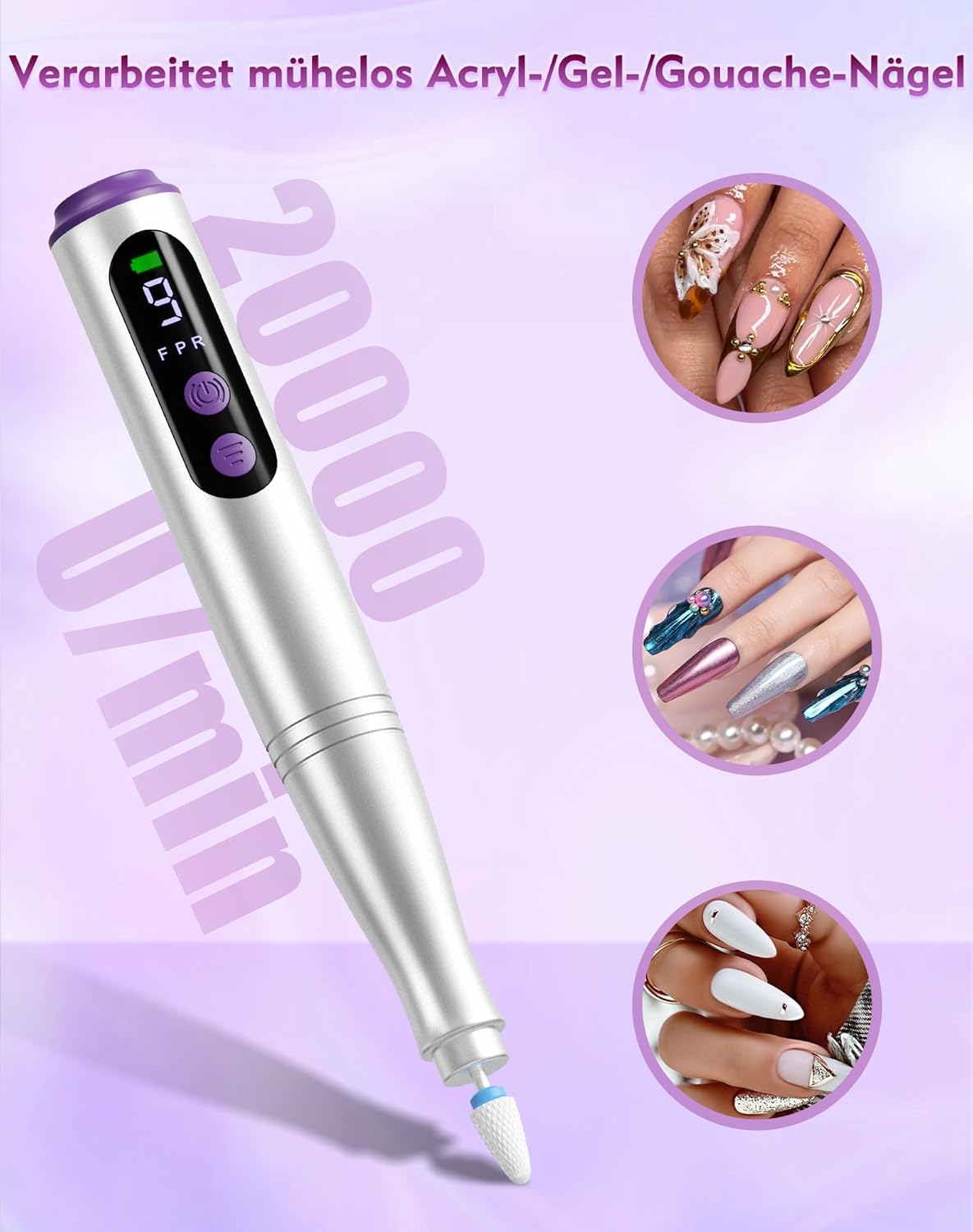 Elektrischer Nagelfräser mit LCD & USB-C, 9 Geschwindigkeiten, Silber