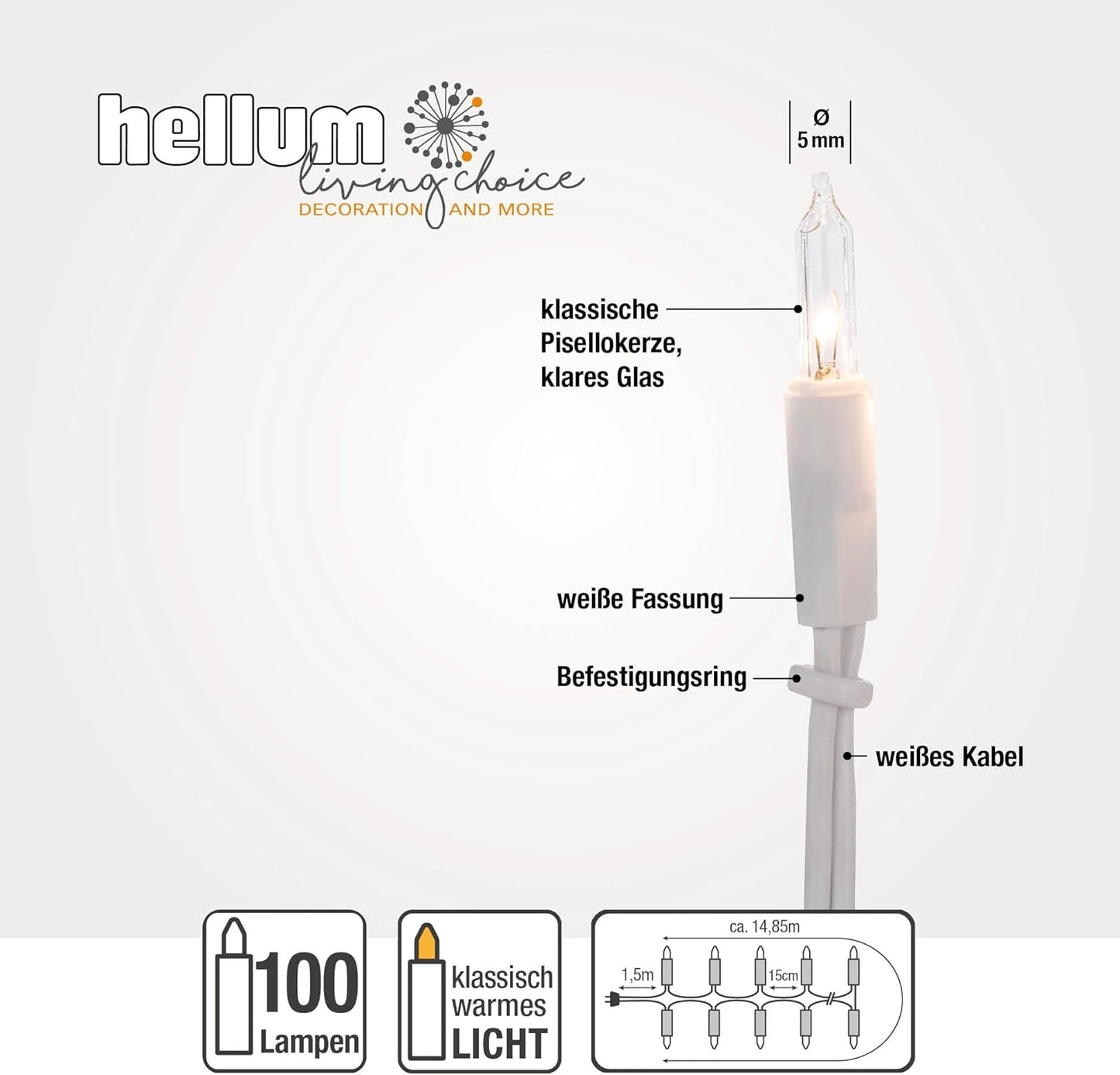 Lichterkette mit 100 klaren Mini-Birnen, Weisses Kabel - Transparente Lampe 100 Lights / Illuminated 14.85 m
