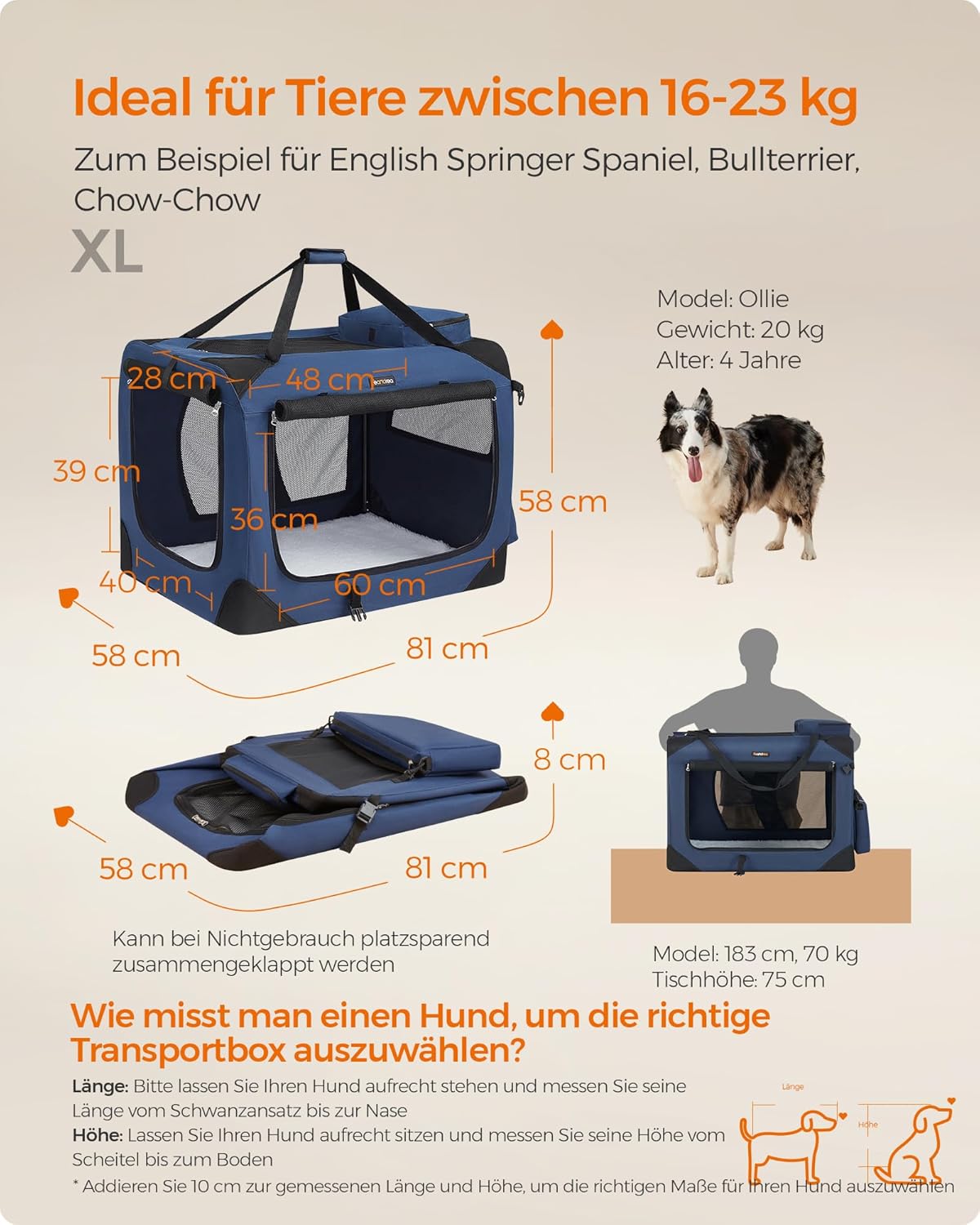 Faltbare Hundetransportbox XL, L 81 x B 58 x H 58 cm,  Dunkelblau