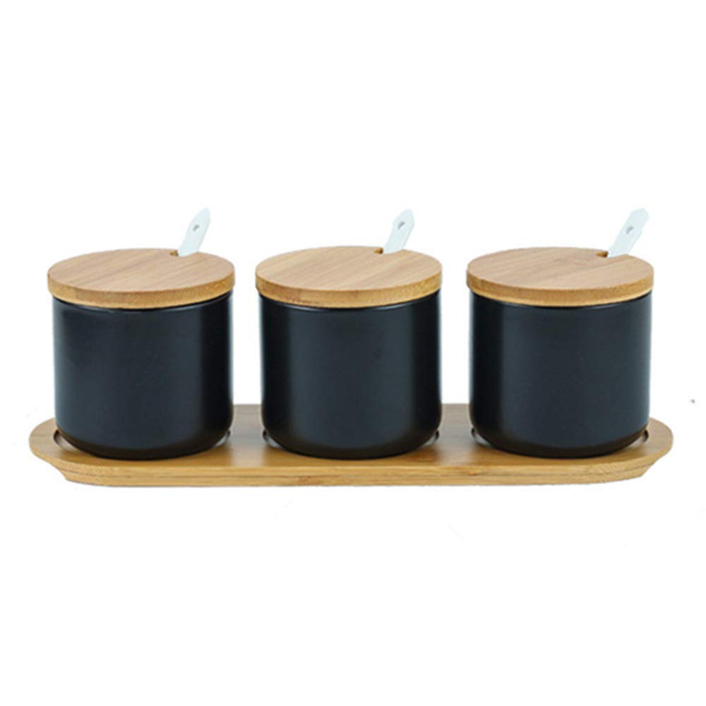 Gewürzdosen mit Löffel und Bambusdeckel, 3er-Set, Schwarz, 3er Set