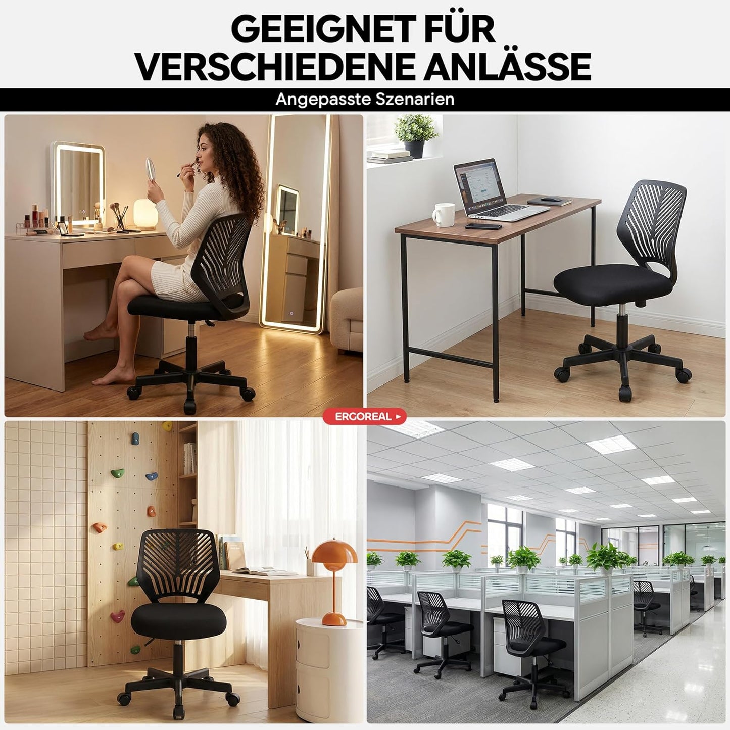 Ergonomischer Bürostuhl ohne Armlehne, Tiefe Schwarz