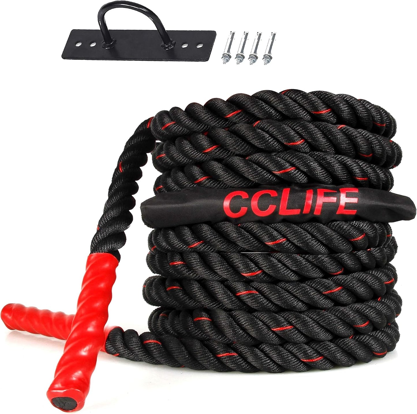 Battle Rope Fitnessseil, 15m schwarz-rote Seile. mit Halterung