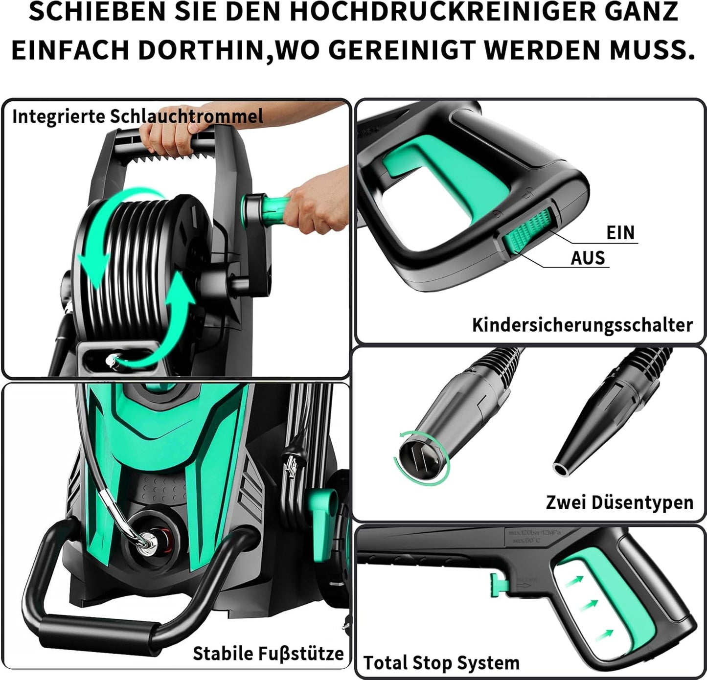 Hochdruckreiniger 180 Bar mit 6-in-1-Düse, Blau