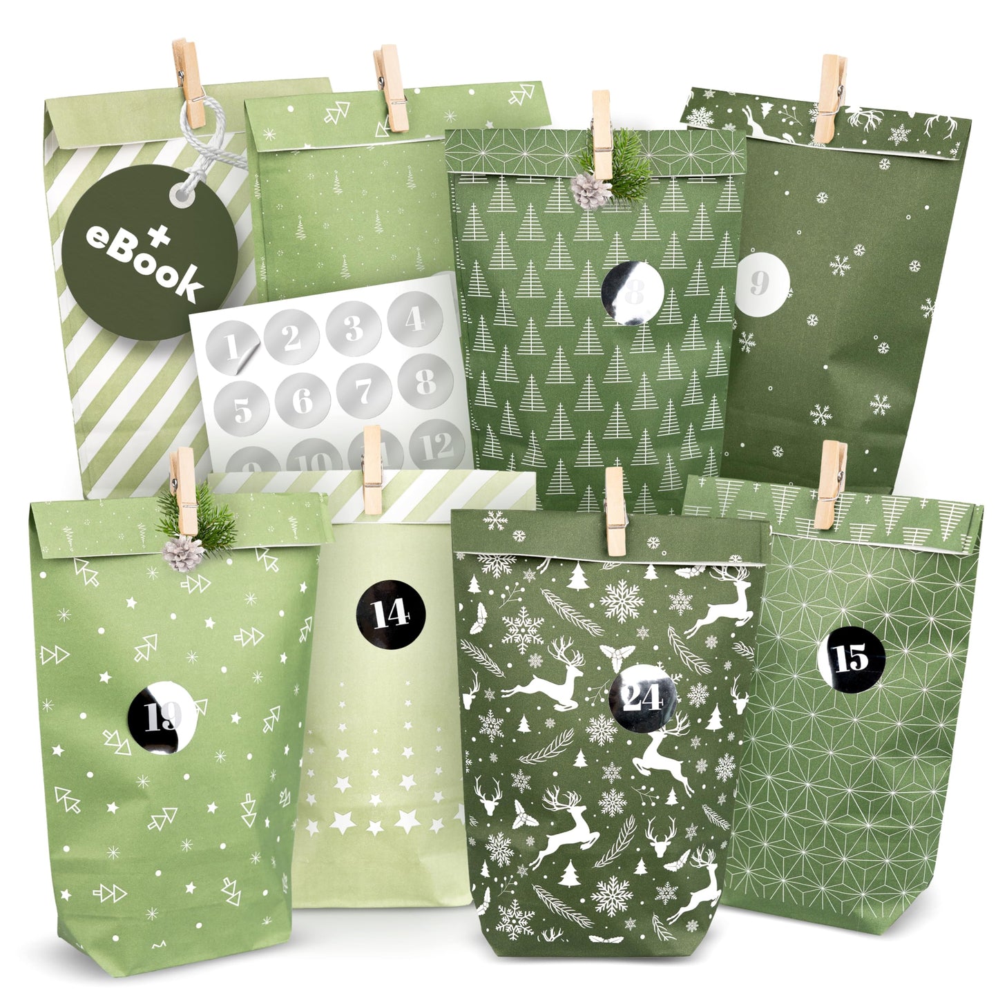 Adventskalender zum Befüllen - 24 Papiertüten-Set, Midnight Green