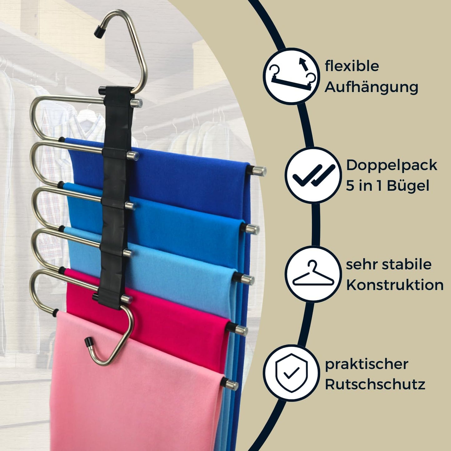 Hosenbügel mit Rutschschutz, Schwarz 34B x 42H cm