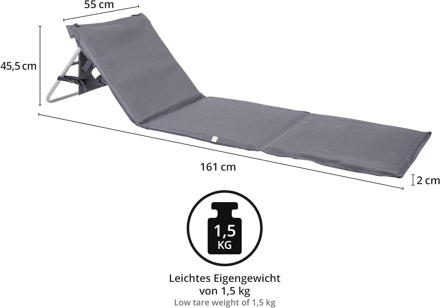 Faltbare Strandmatte mit Rückenlehne und Tragegurt, Strandmatte Grau