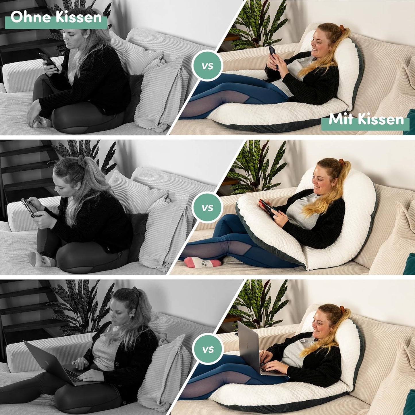 Lesekissen für Bett und Sofa, Noppen Weiß/Dunkelgrau