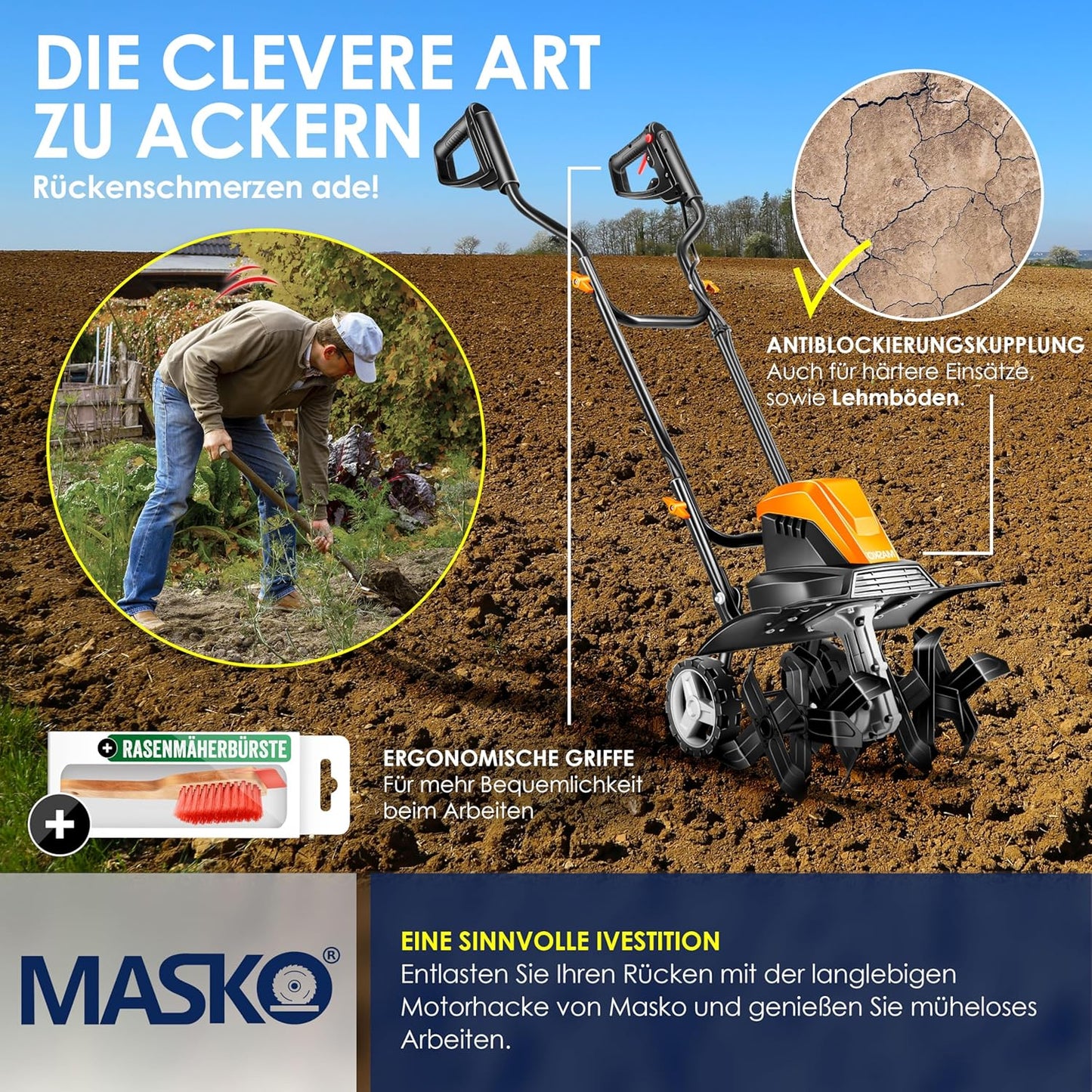 Motorhacke mit Transporträdern, 45cm Arbeitsbreite / Orange