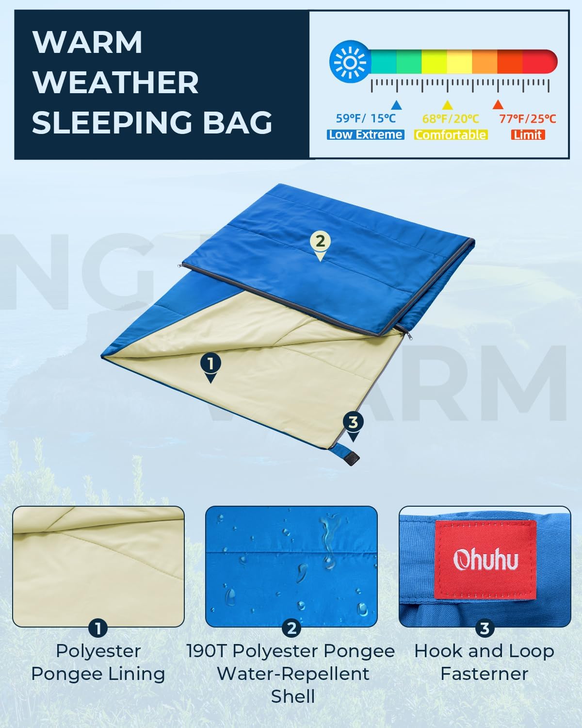 Ultraleichter Sommerschlafsack für Camping und Reisen, Blau