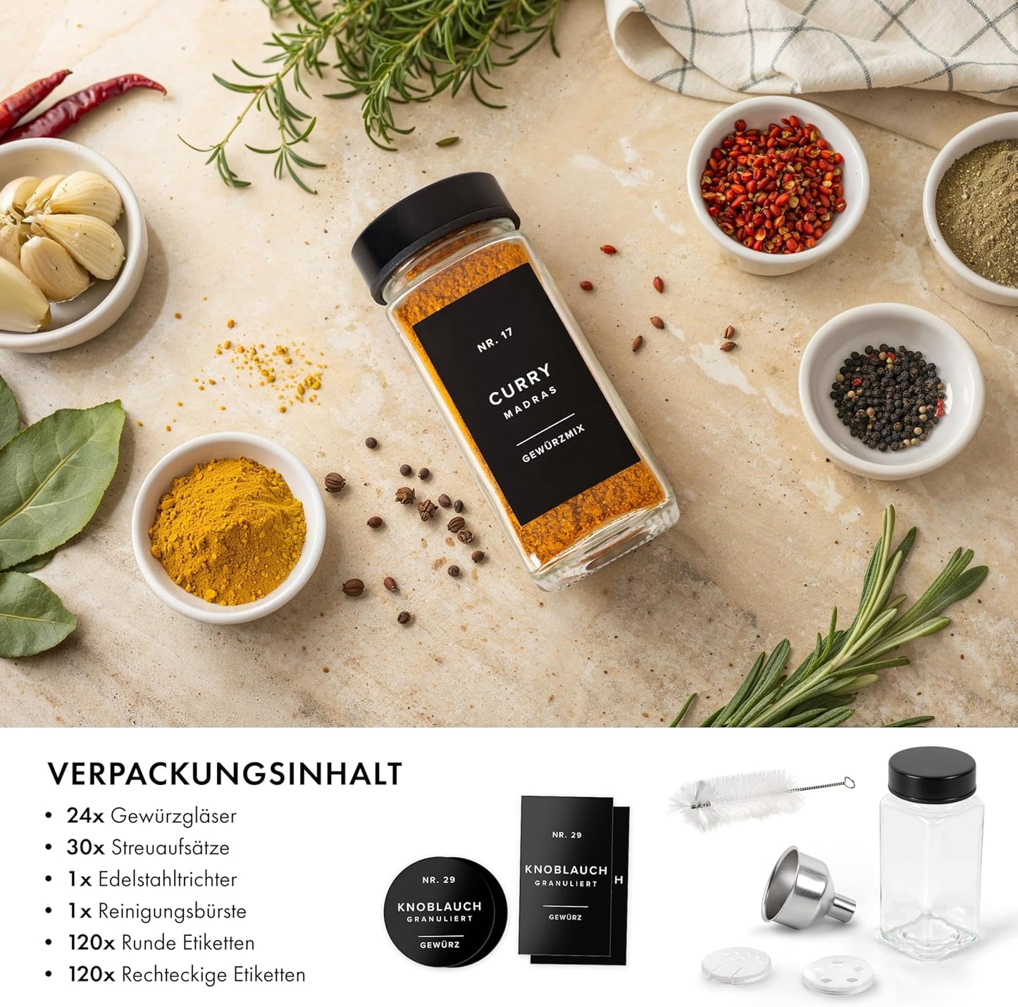 24-teiliges Gewürzgläser-Set, Schwarzer Deckel mit Etiketten