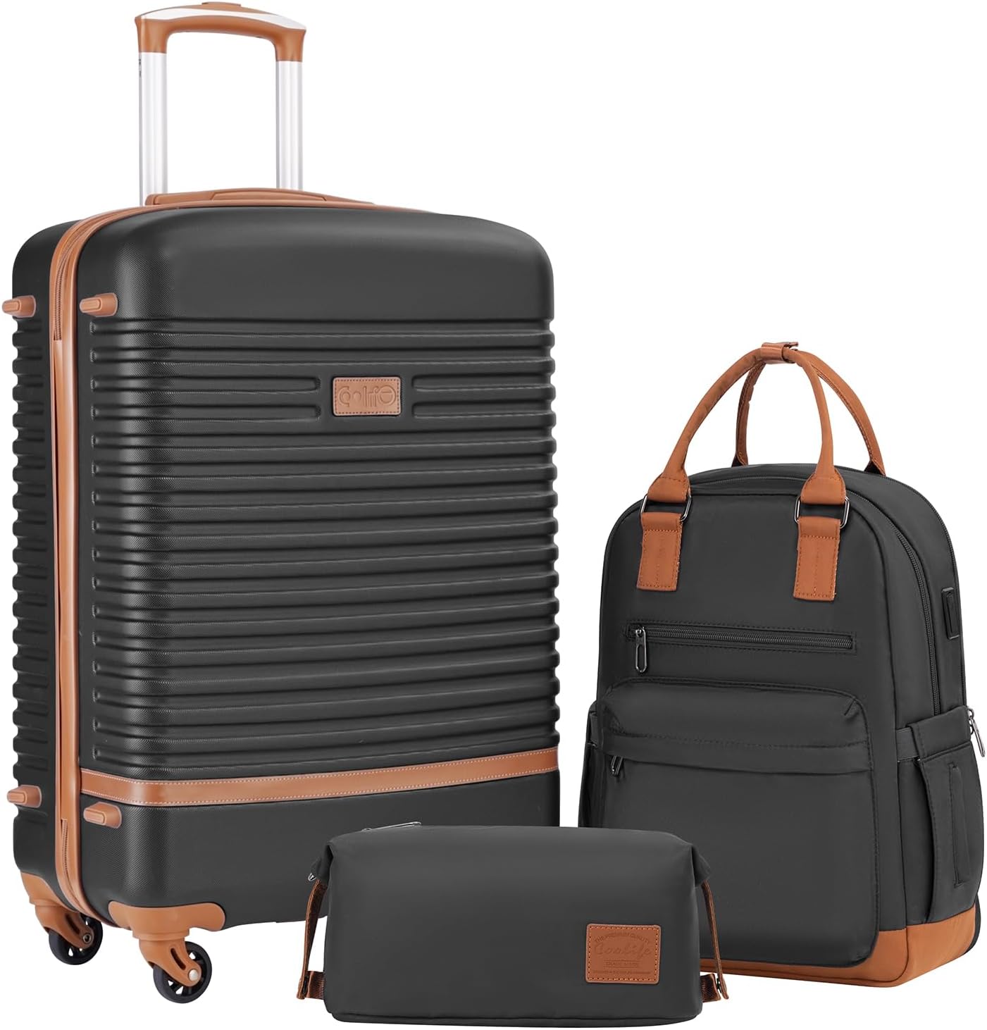 Reise Set - Koffer, Rucksack, Kulturbeutel, Mittlerer Koffer-Set 3tlg Schwarz/Braun