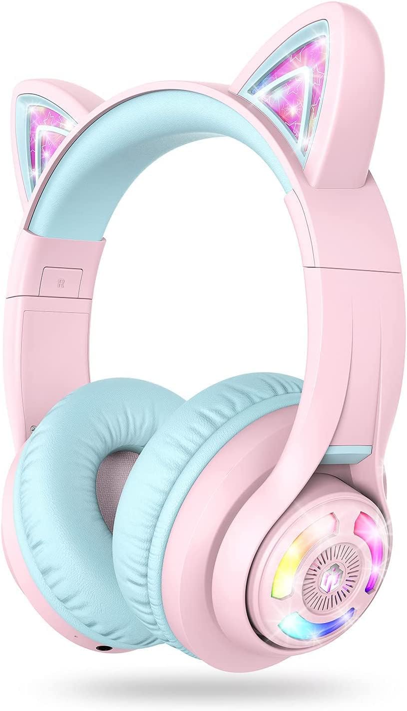 Bluetooth-Kinderkopfhörer mit LED-Katzenohren, Rosa