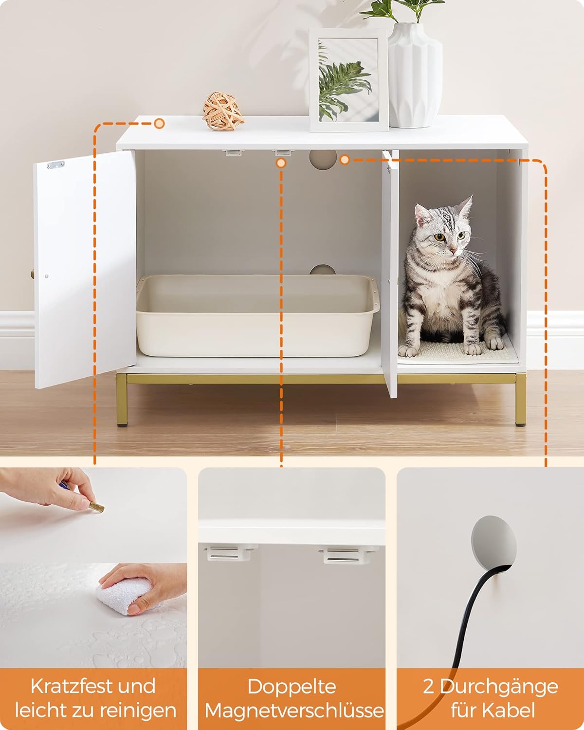 Katzentoiletten-Schrank, 80 x 50 x 55 cm Weiß + Goldfarben