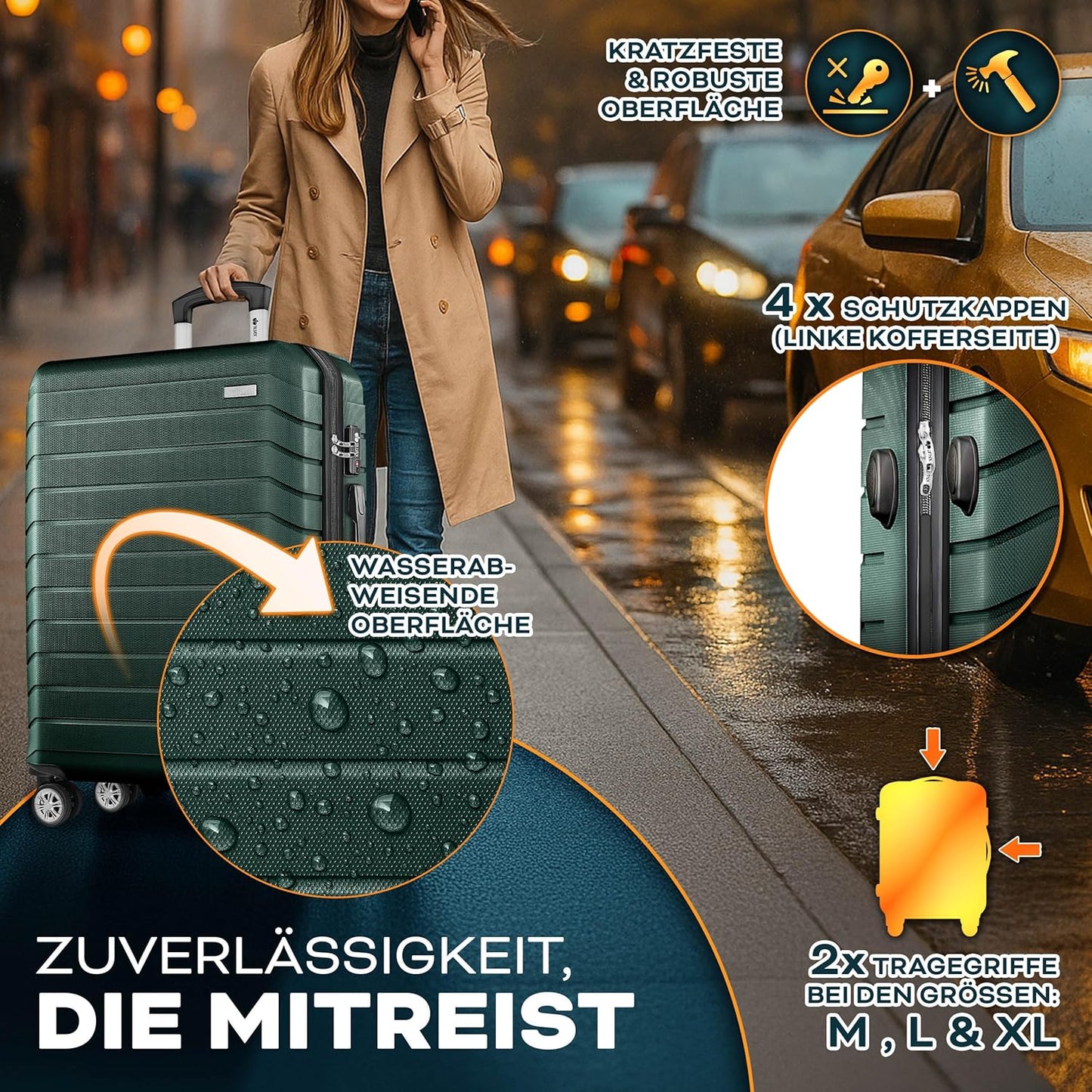 4-teiliges Reisekoffer-Set mit Kofferzubehör, Armeegrün Kofferset 4tlg