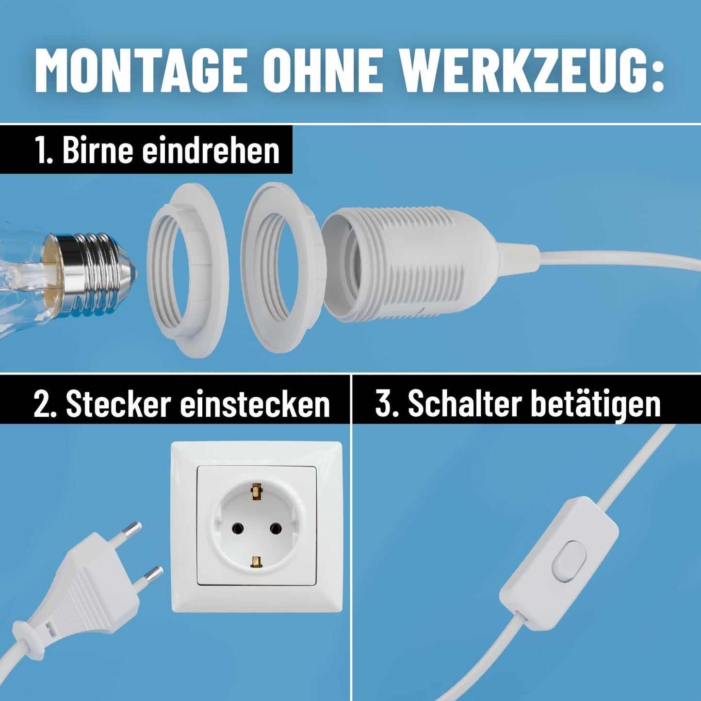 Lampenfassung E27 mit Schalter & Kabel, 2x Lampenkabel E27