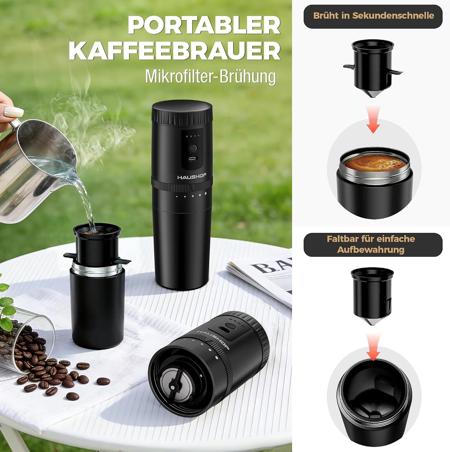 Elektrische Kaffeemühle mit Thermobecher, Schwarz