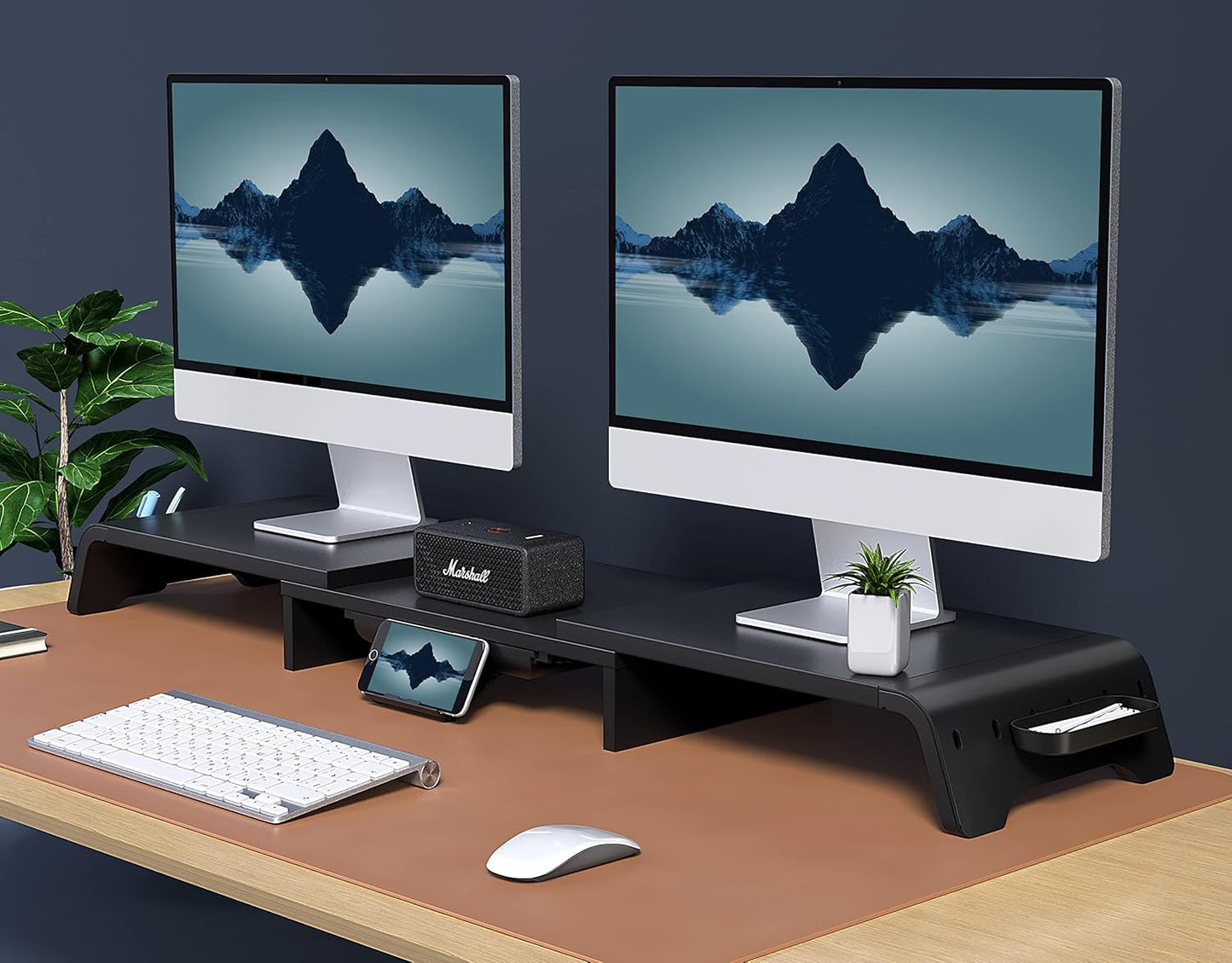 Dual Monitorständer mit Schublade und Handyhalter, 75-119 x 23,5 x 8,9 cm Schwarz