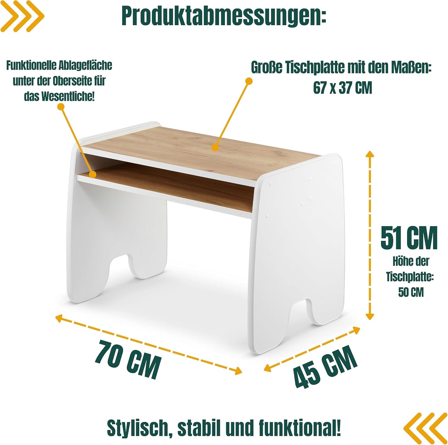 Kindertisch & Stühle-Set für Kinderzimmer, 2 Stühle und Tisch Weiss + Eiche