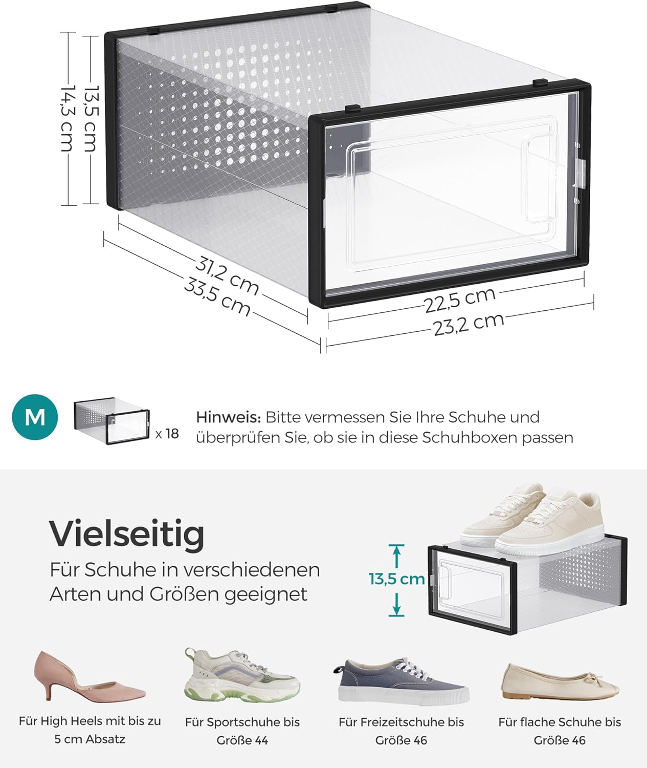 18er-Set Schuhboxen, Transparent + Schwarz 18er Set für Schuhe bis Größe 44