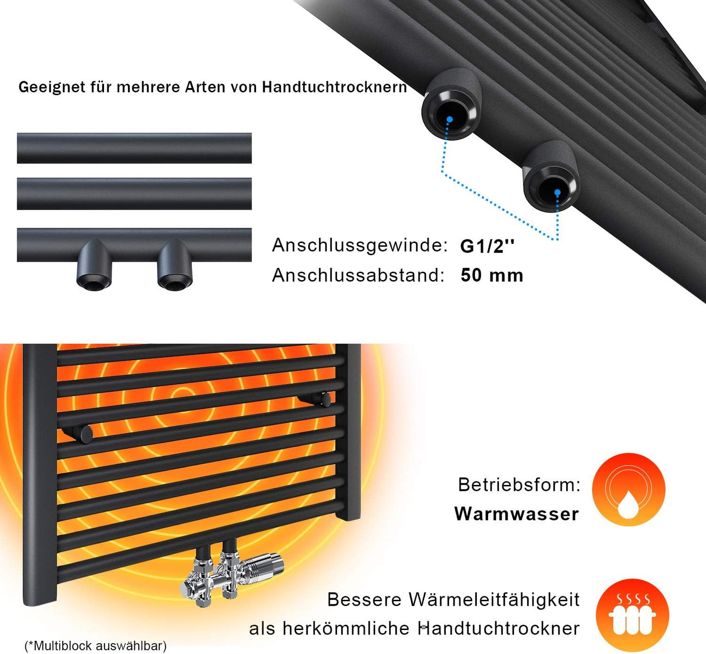 Badheizkörper Handtuchtrockner 160x50 cm, Mittelanschluss, Anthrazit 50x160cm