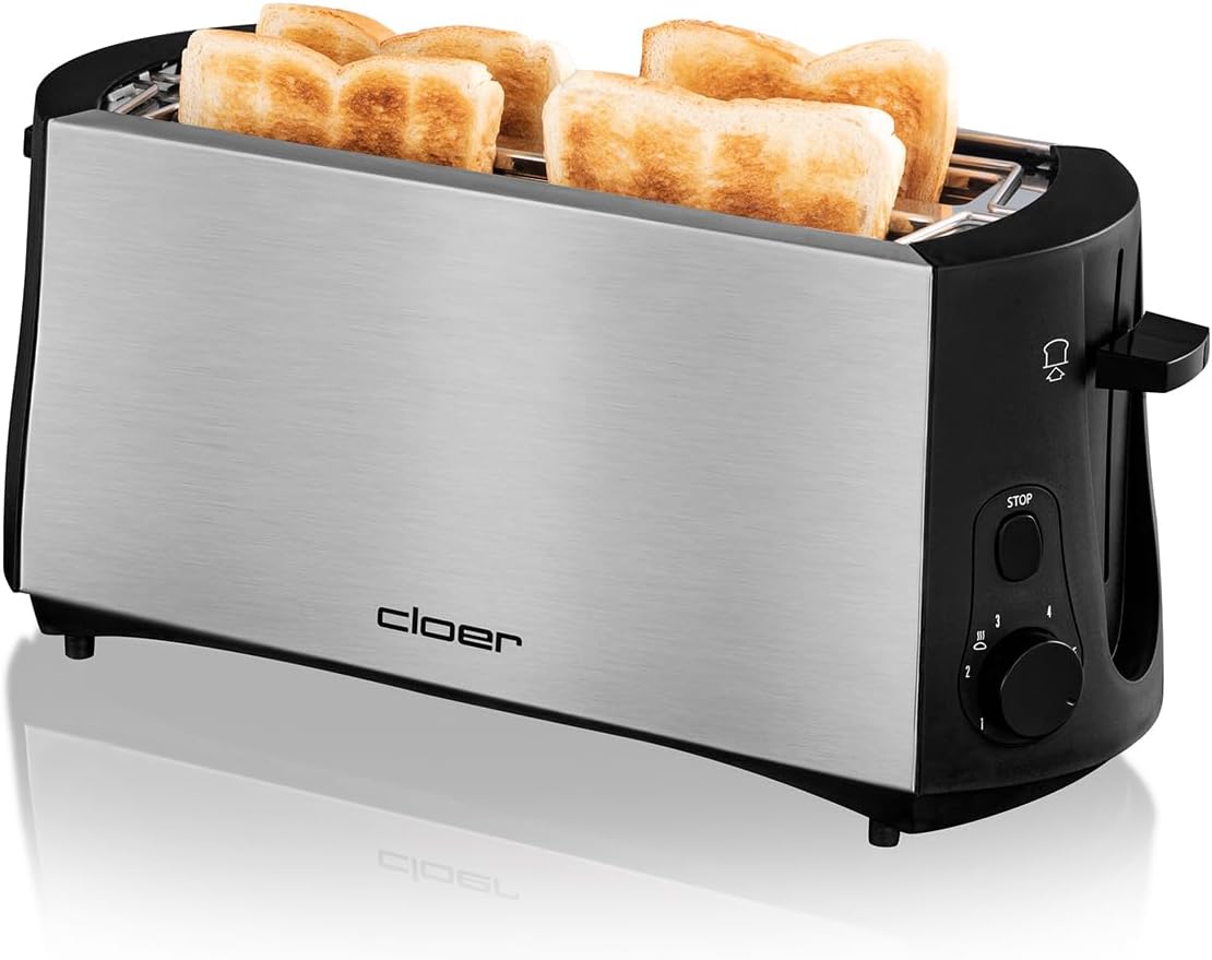 Langschlitztoaster für 4 Scheiben mit Brötchenaufsatz, Edelstahlgehäuse 4 Scheiben Langschlitz Single