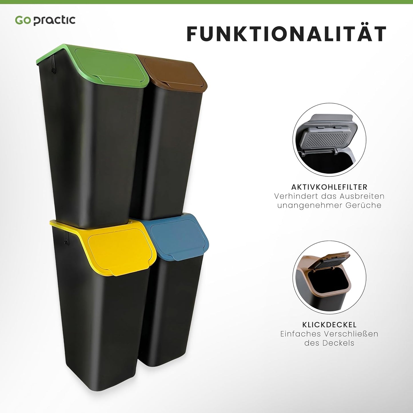 4er-Set Mülleimer mit Geruchsfilter, 4 x 35L Blau Grün Gelb Braun