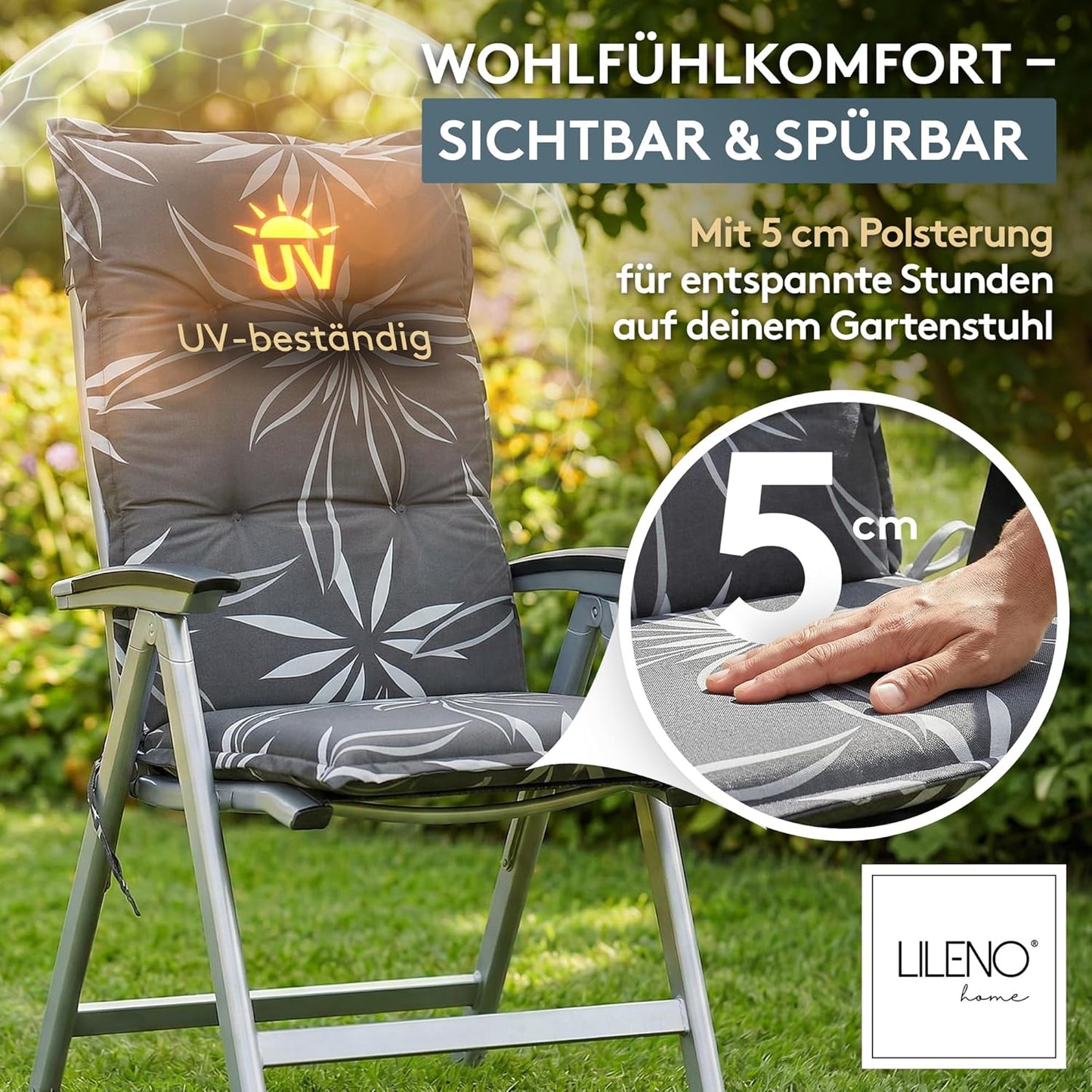 Gartenstuhl-Auflage für Hochlehner, Blume Anthrazit-weiss 1