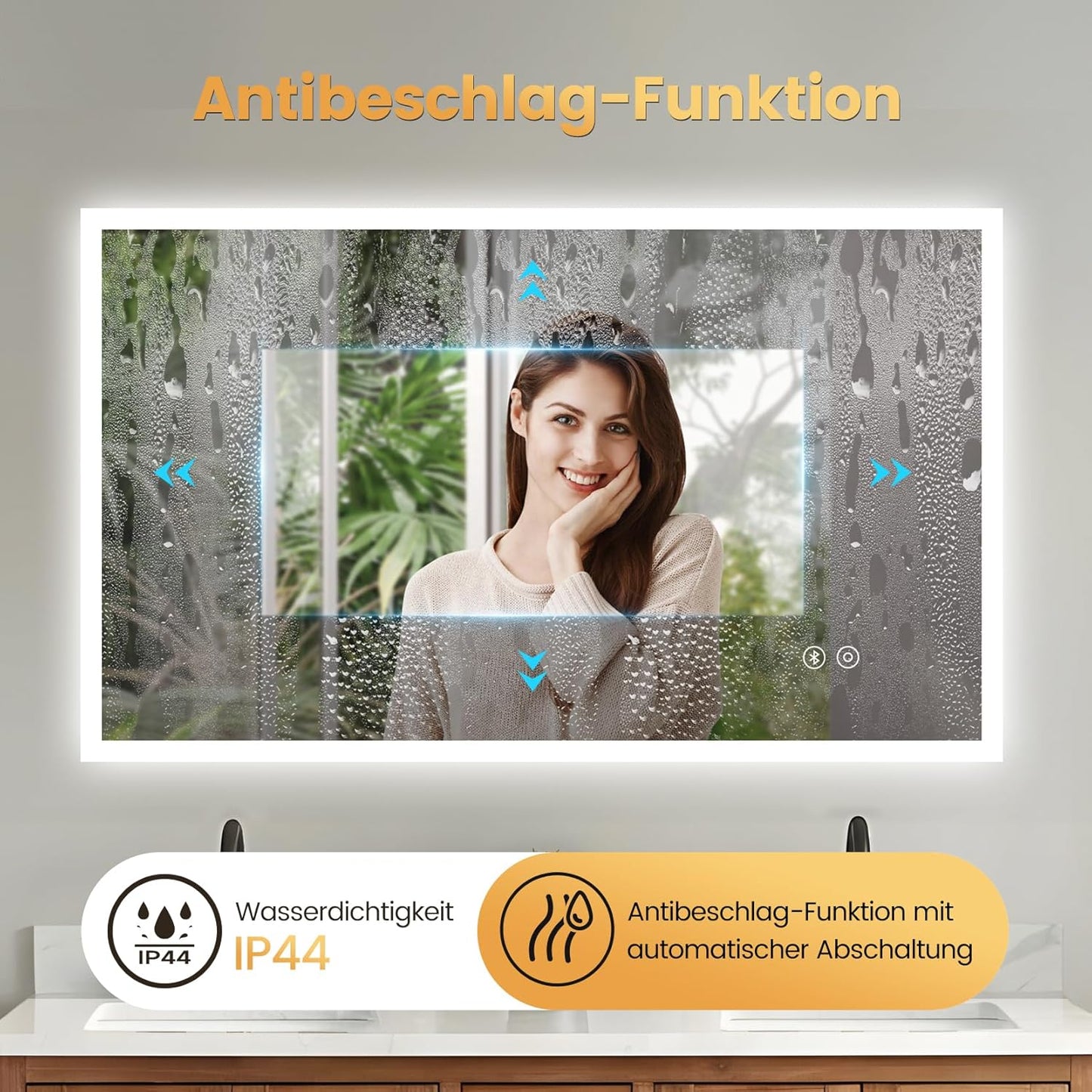LED Badspiegel mit Bluetooth und Steckdose (100x60cm), Bluetooth+ Steckdose+ Beschlagfrei+ 3 Lichtfarbe 60L x 100B cm