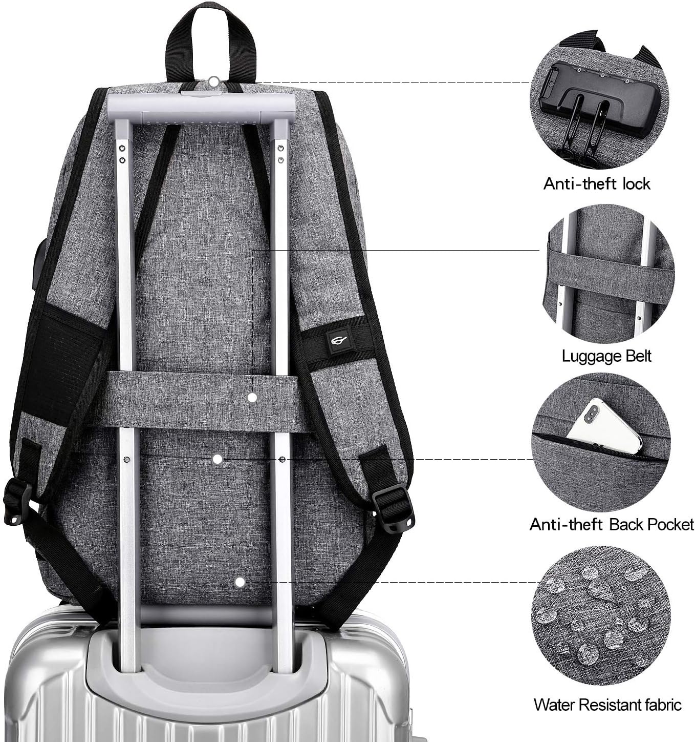 Laptop-Rucksack mit USB-Anschluss, Anti-Diebstahl-Schutz, 15,6 Zoll Grau