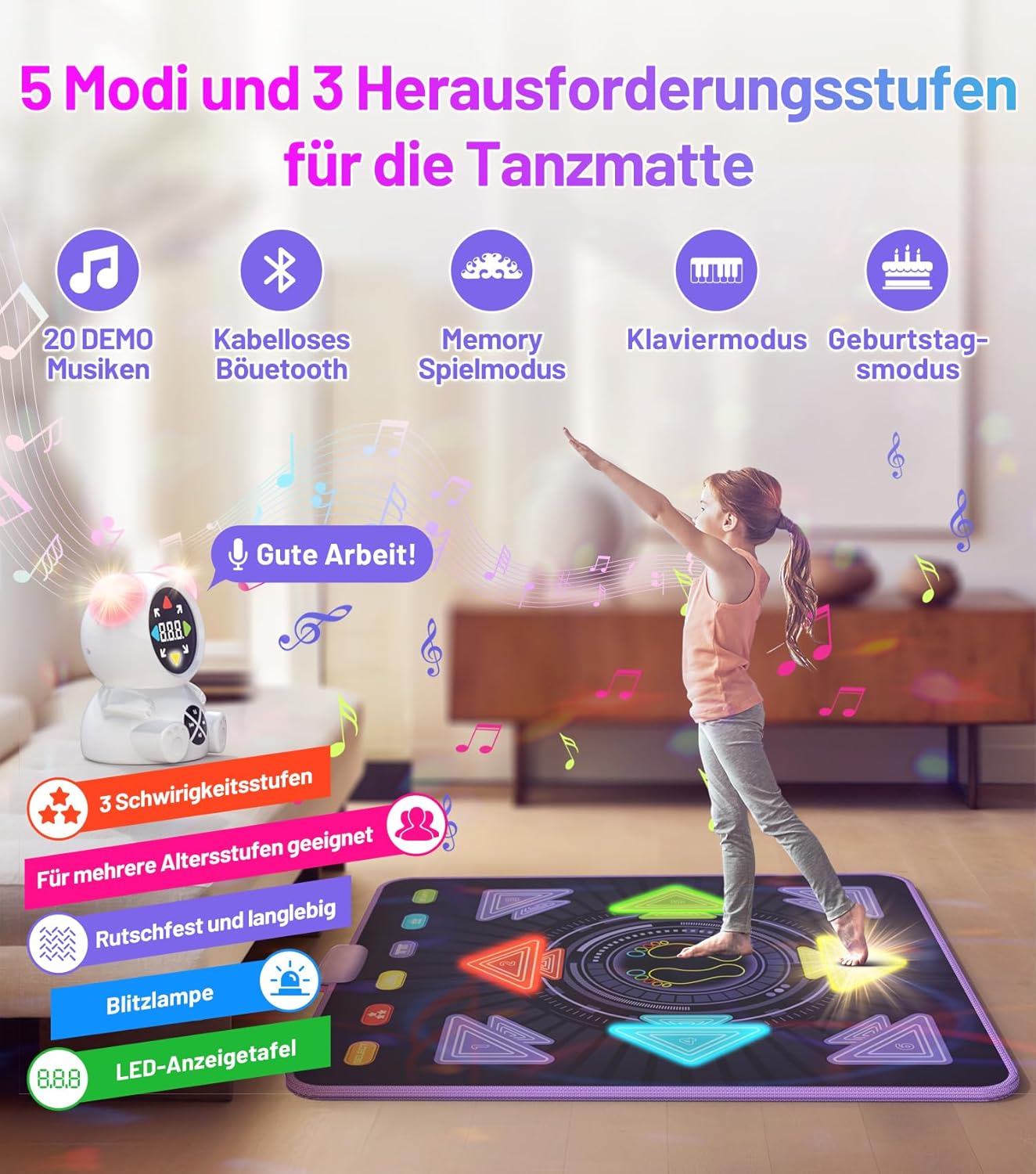 Tanzmatte mit Bluetooth-Musikplayer für Kinder, Mehrfarbig A