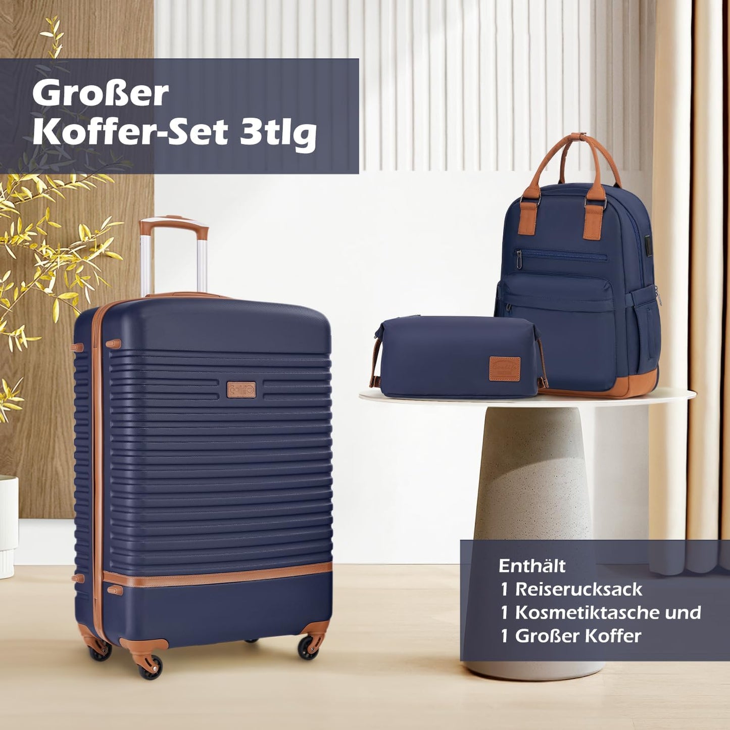 3-teiliges Hartschalen-Trolley-Set mit Reiserucksack, Mittlerer Koffer-Set 3tlg Blau/Braun