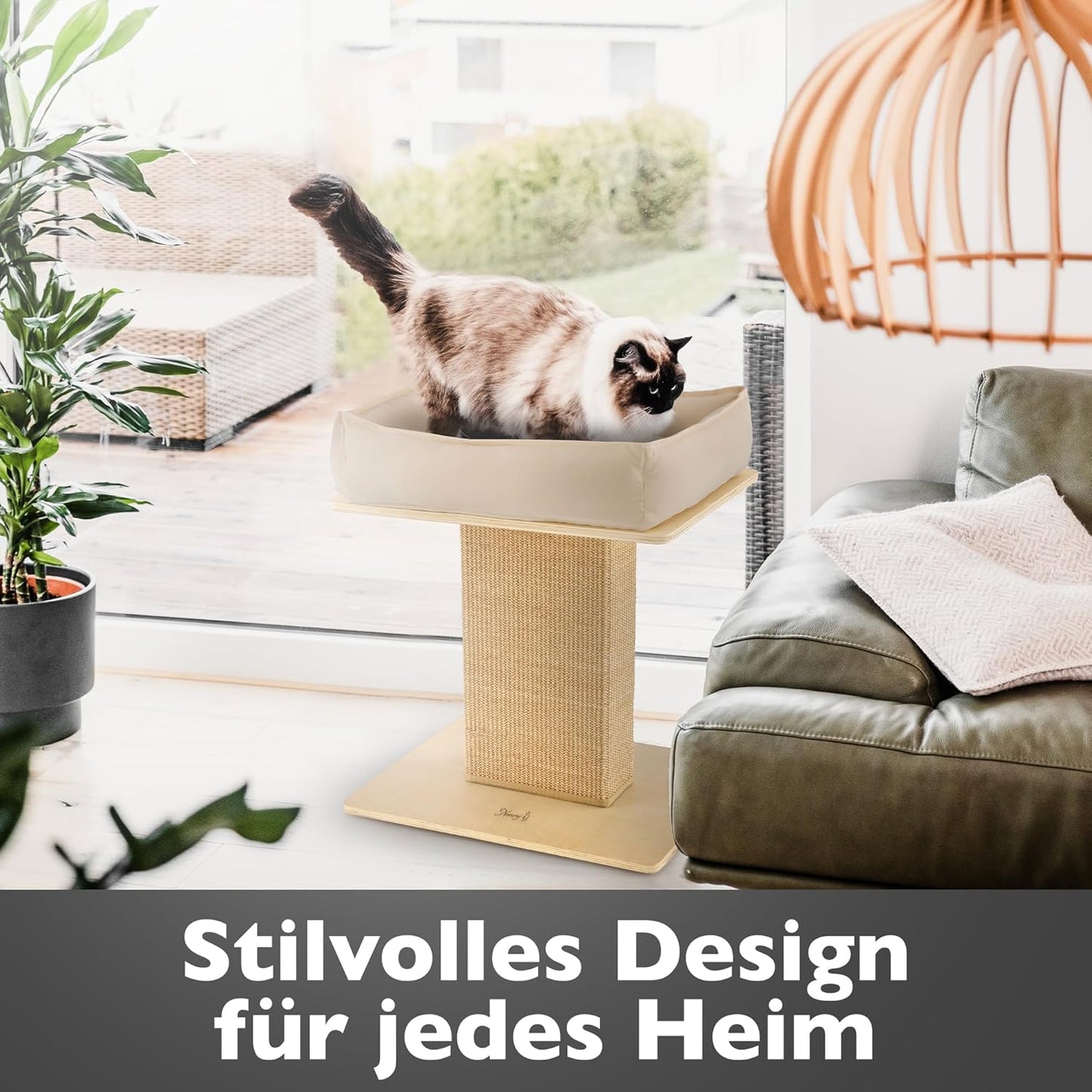 Kratzbaum mit breitem Kratzstamm und Katzenbett, Birke/beige