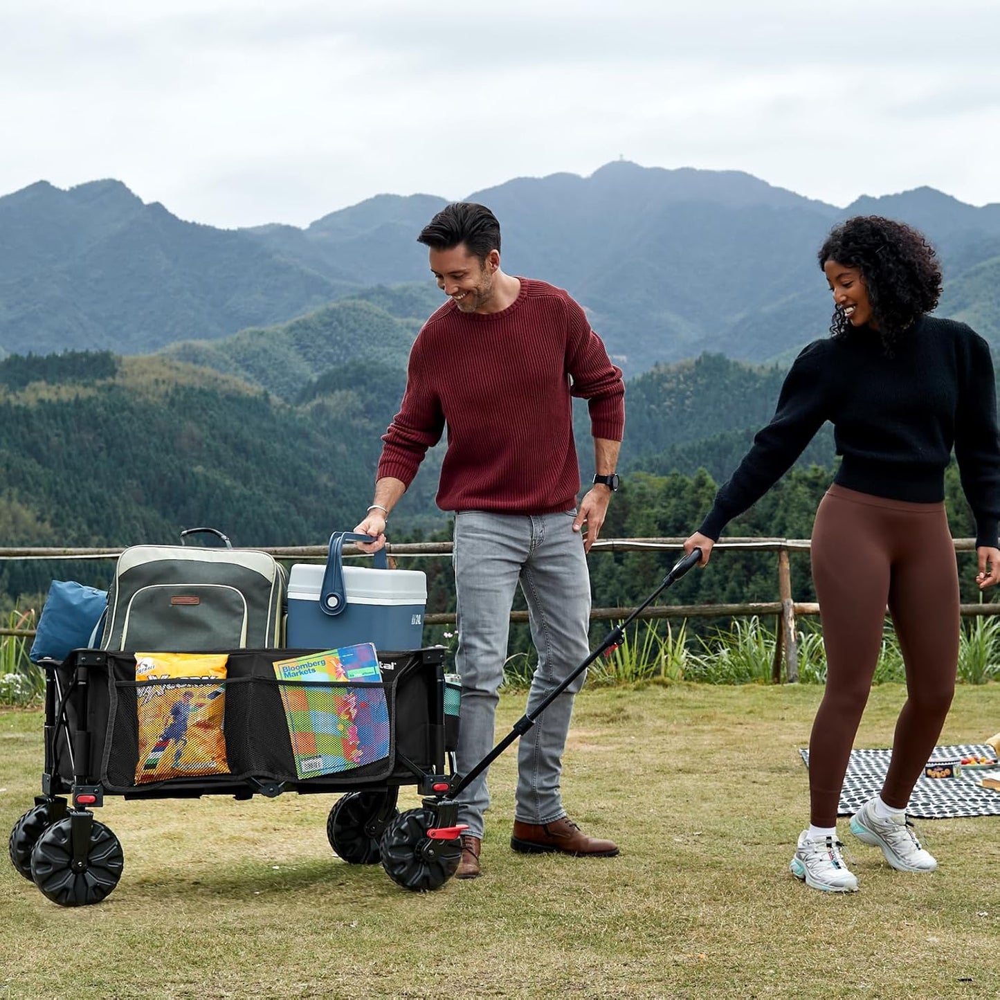 Faltbarer Bollerwagen mit Bremse und Seitentasche, Upgrade Schwarz