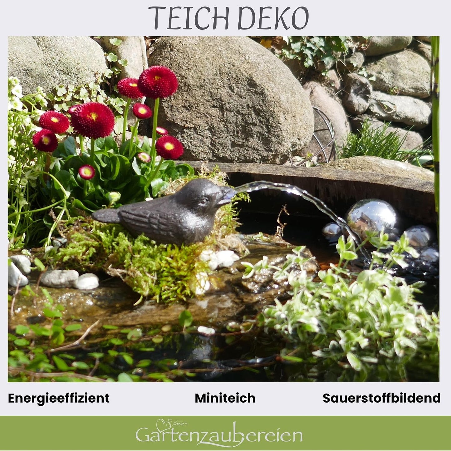 Wasserspeier Spatz mit Solarpumpe (Gusseisen)