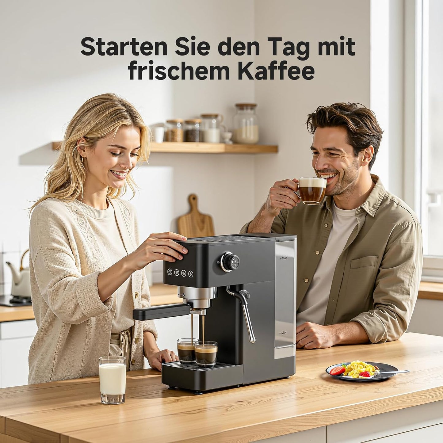 Siebträgermaschine mit Milchaufschäumer, All Black