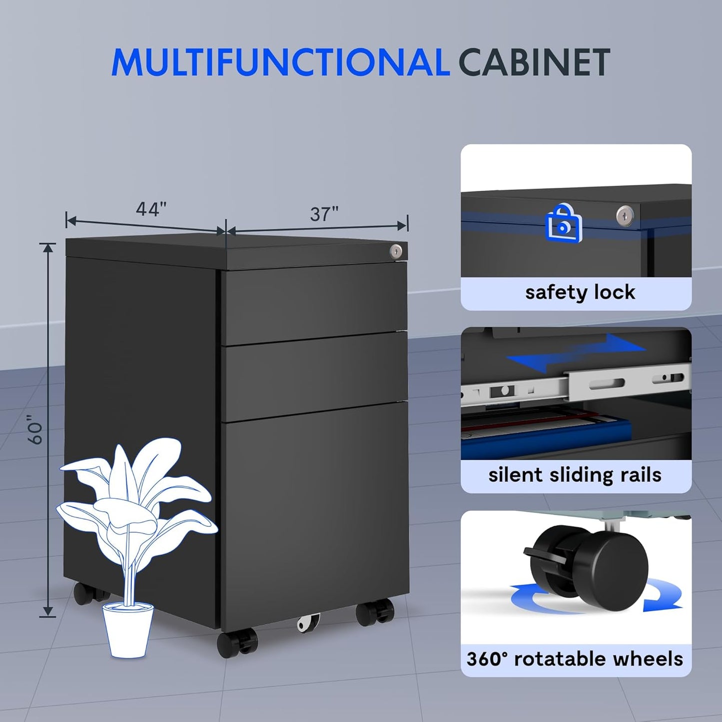 Rollcontainer mit Schubladen und Schlüsselschloss, Schwarz