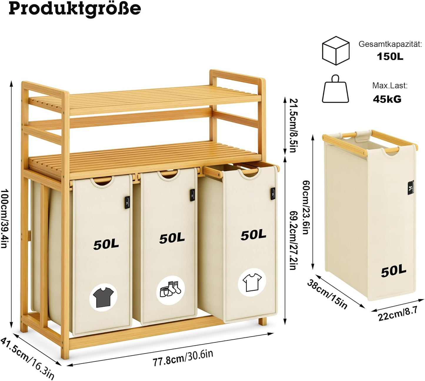 3-Fächer Wäschesortierer mit Doppelregal, Beige-6-15