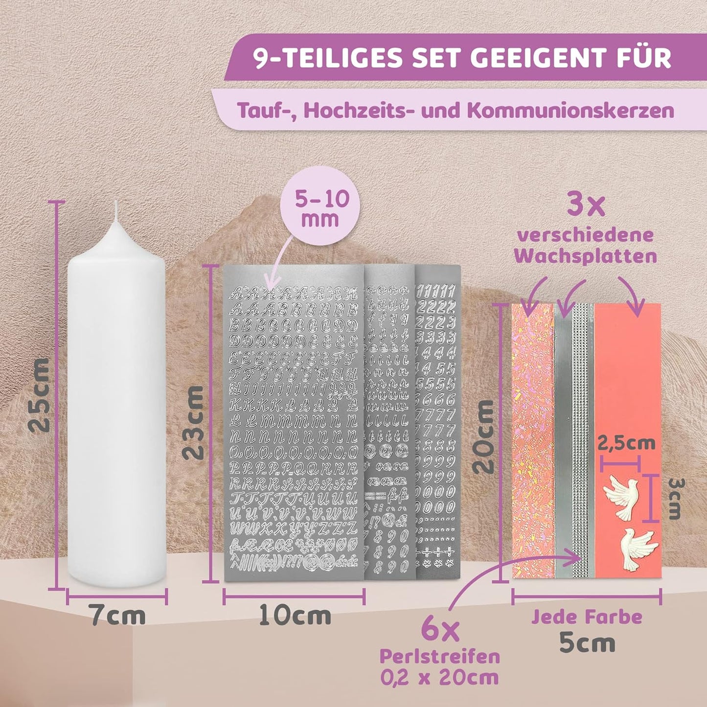 Taufkerze Bastelset mit Wachsmotiven und Buchstaben, Rosa mit Taube Kerze 25x7 cm | Weiss