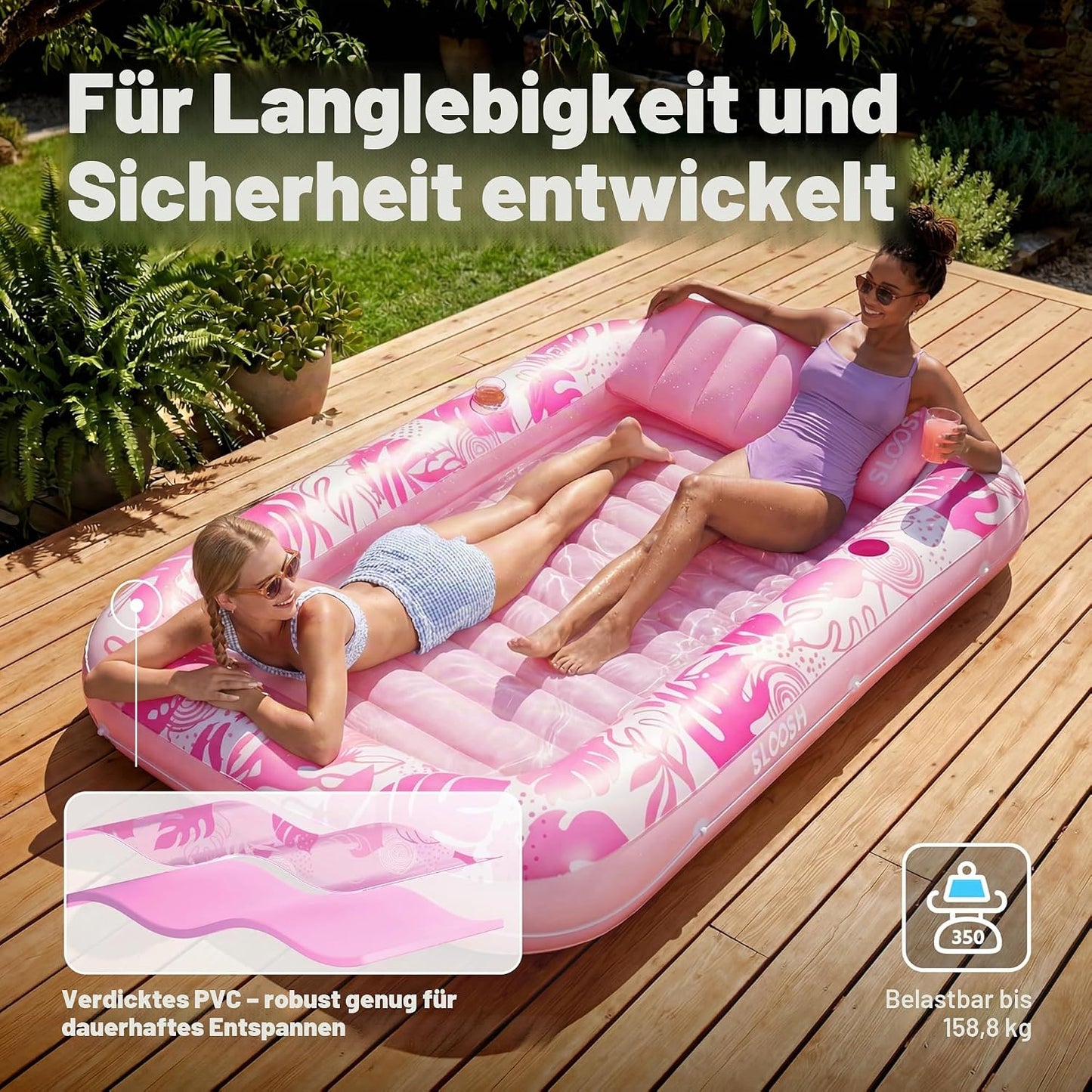 Aufblasbarer 4-in-1 Sonnenliegepool mit Kissen und Getränkehalter, Zartrosa XL