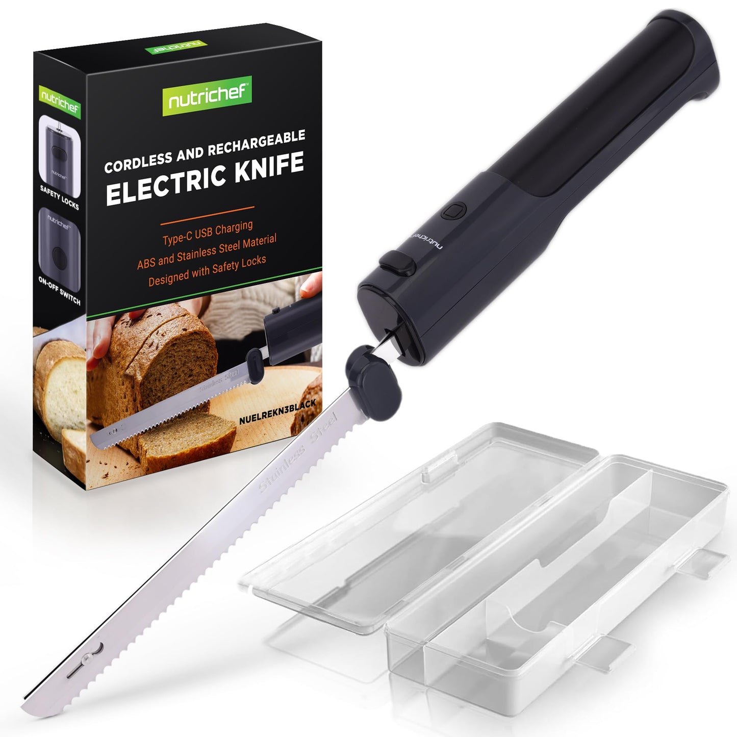 Elektrisches Messer mit ergonomischen Griff & Sicherheitsverriegelung, Schwarz