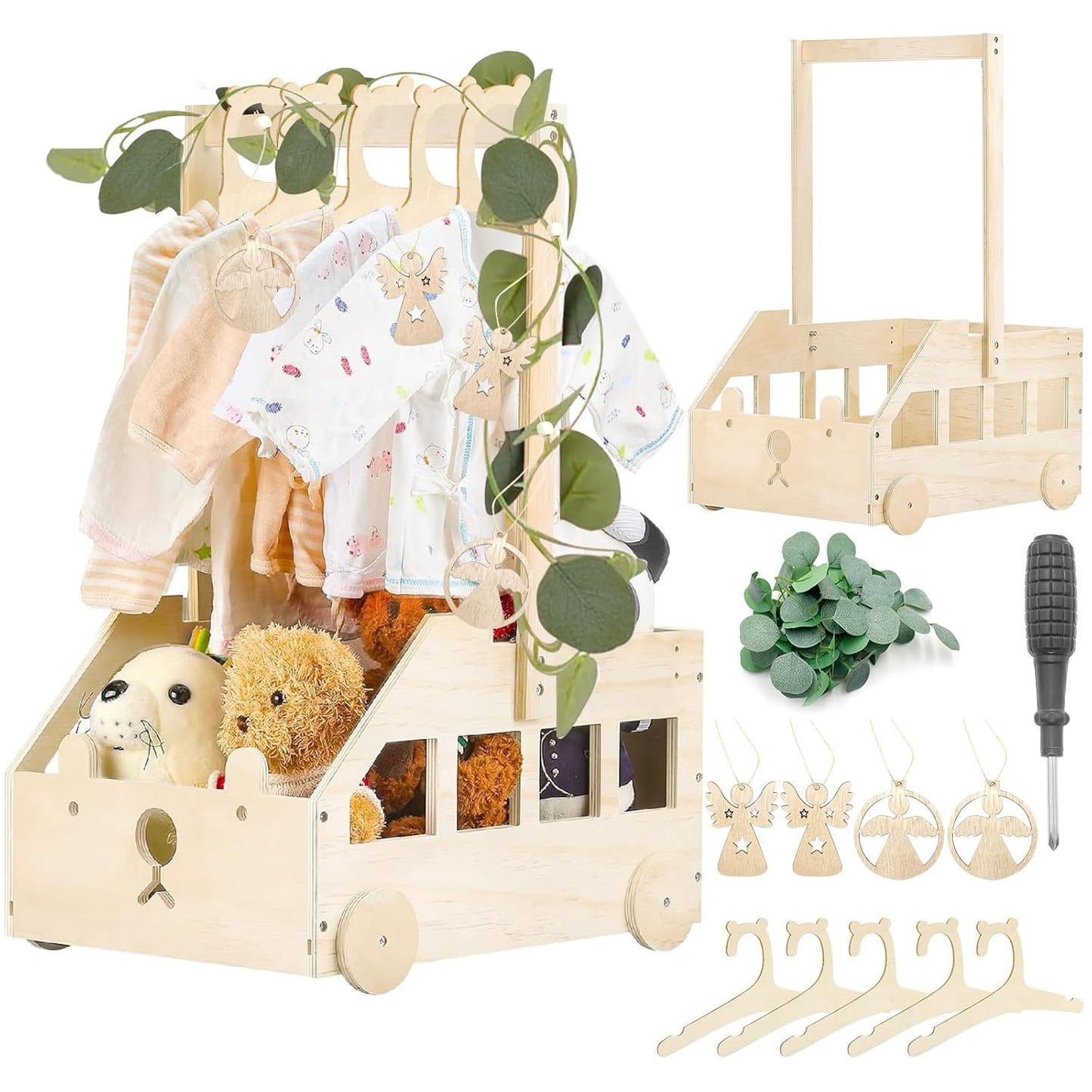 Babykorb auf Rädern mit Puppenkleiderbügeln, Rabbit