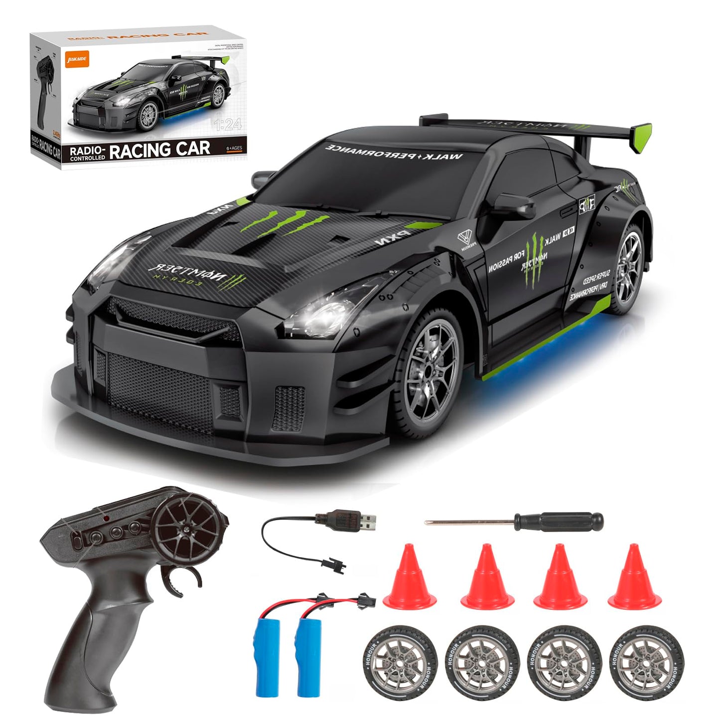 RC Drift Auto 4WD 1:24 mit LED-Leuchten, 909-schwarz