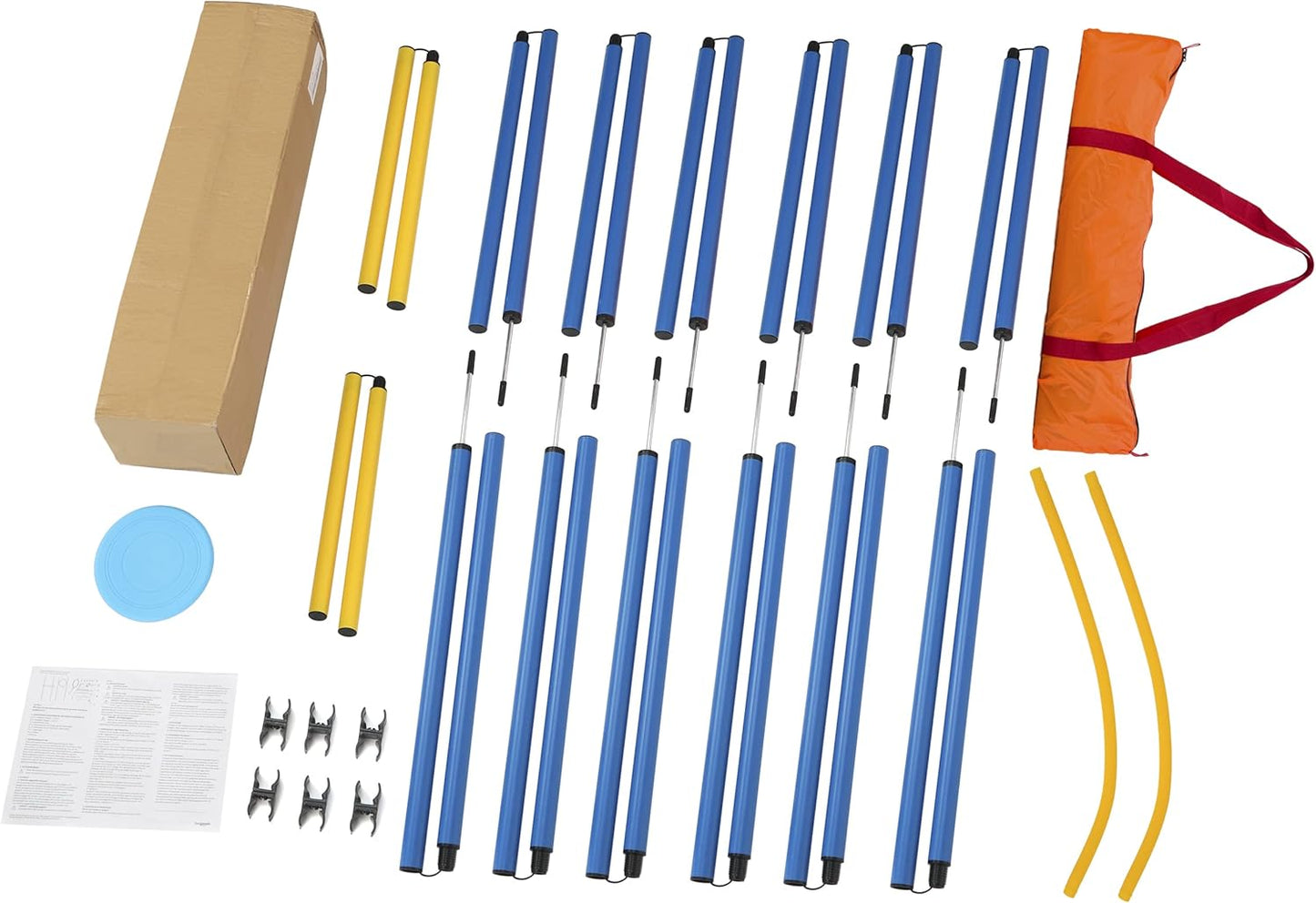 Agility Slalom- und Hindernis-Set, 12 Stangen + 2 Hindernisse + 1 Ring blau-gelb