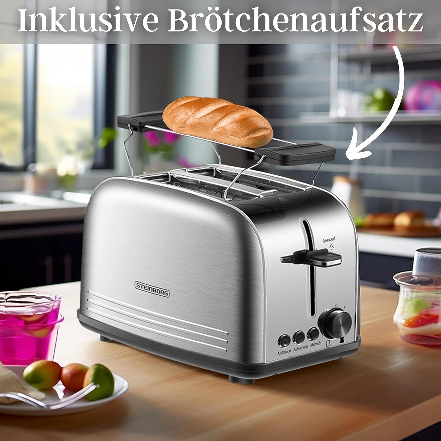 Edelstahl Doppelschlitz-Toaster mit Brötchenaufsatz