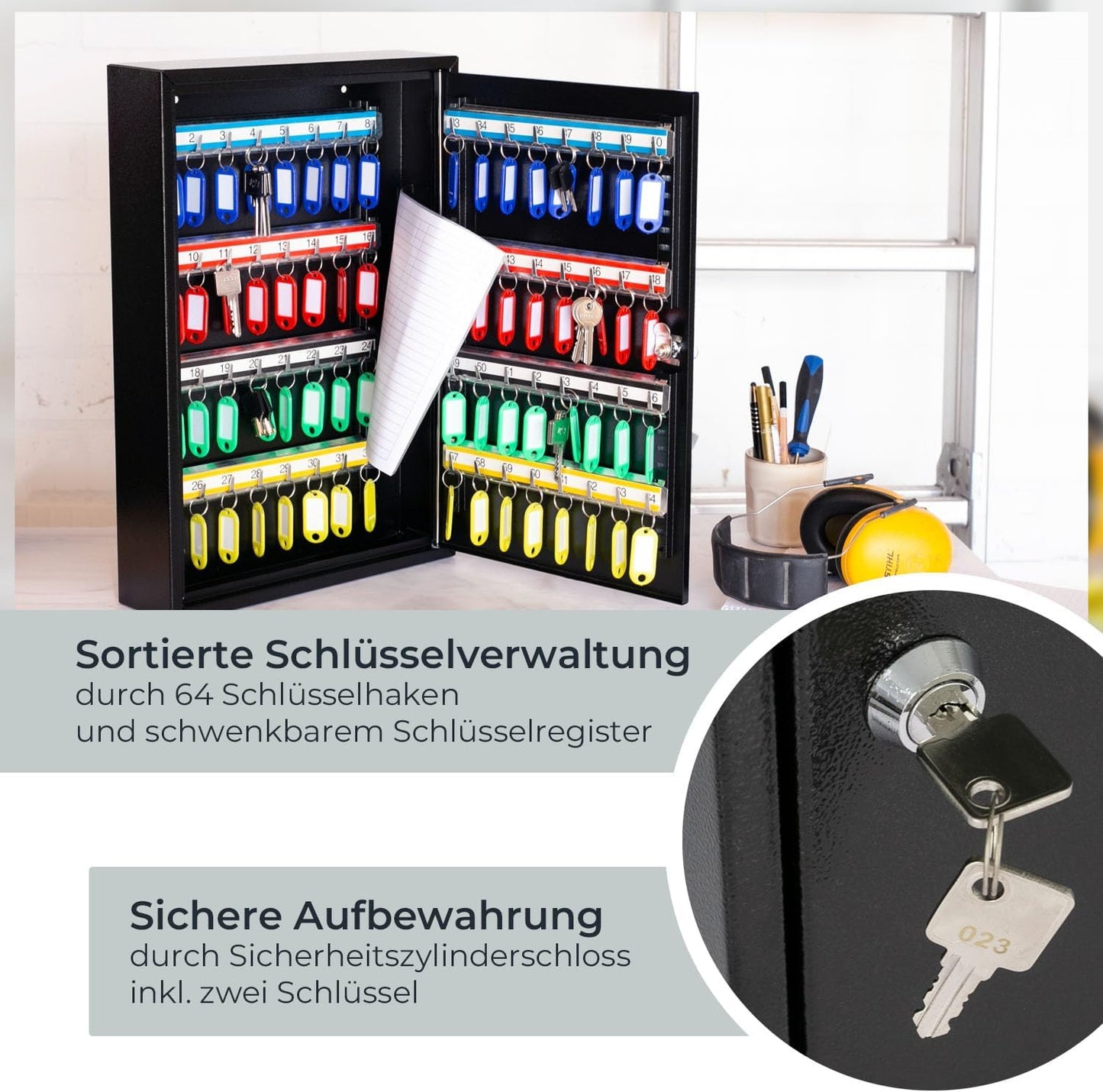 Abschliessbarer Schlüsselschrank mit 64 Haken, Schwarz 64 Haken