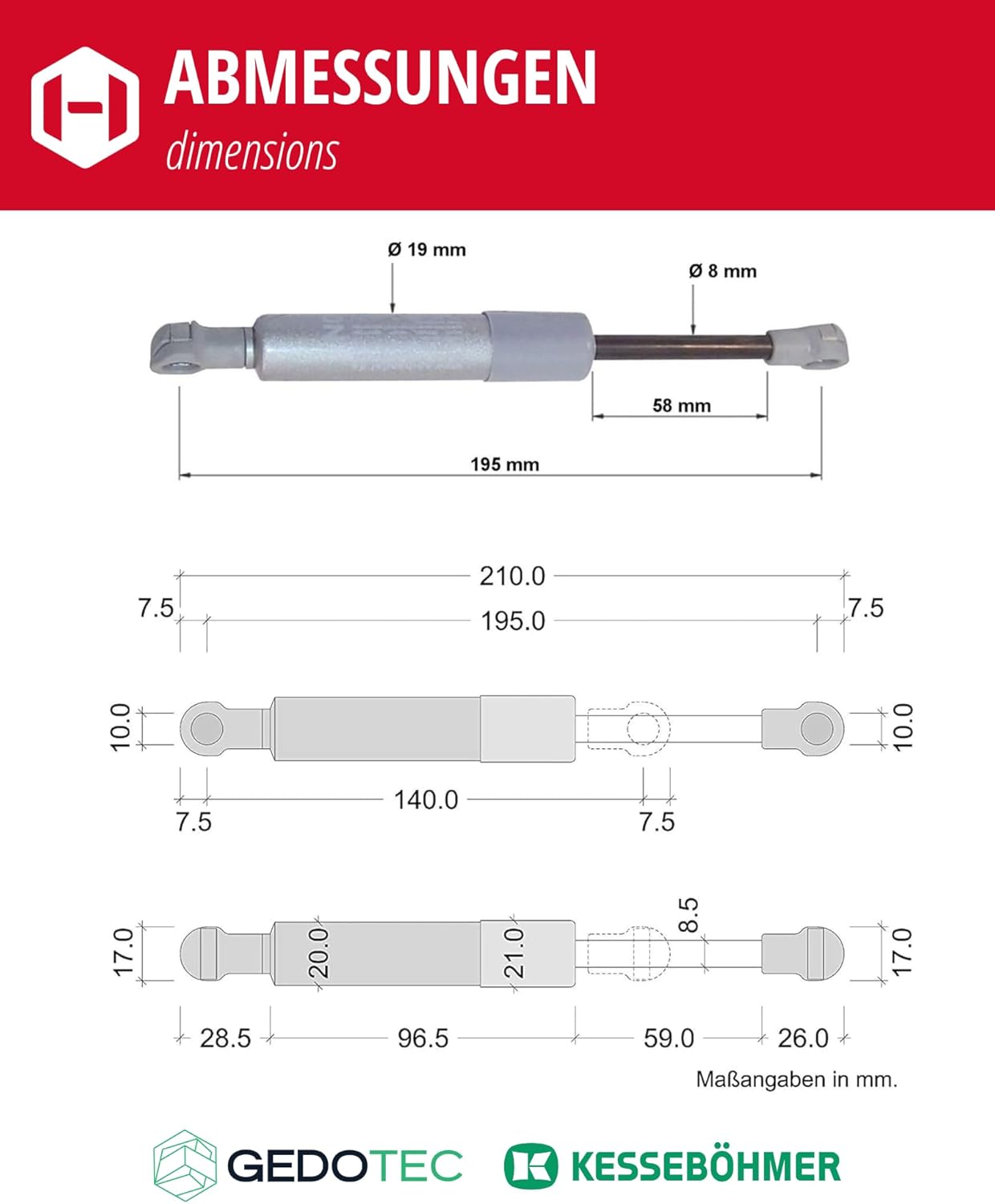 2-teiliges Gasdruckfeder-Set für Hochschwenkbeschlag, 250N